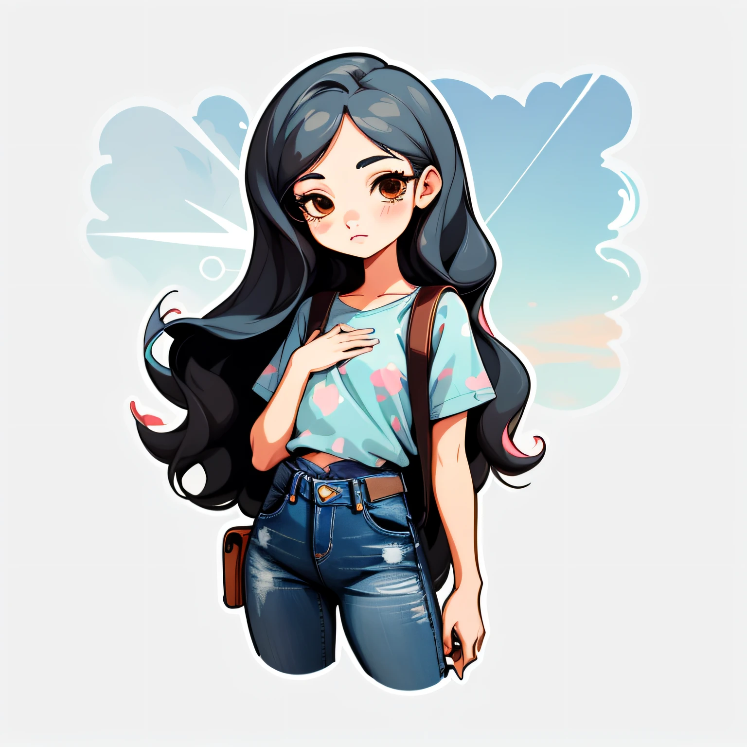 1 sticker, handbook, (a stylish girl, black long hair, brown eyes , model, sky blue blouse, jeans, cool and cool), white background, simple background, minimal, cute, tiny, pastel color, vector style, no gradient