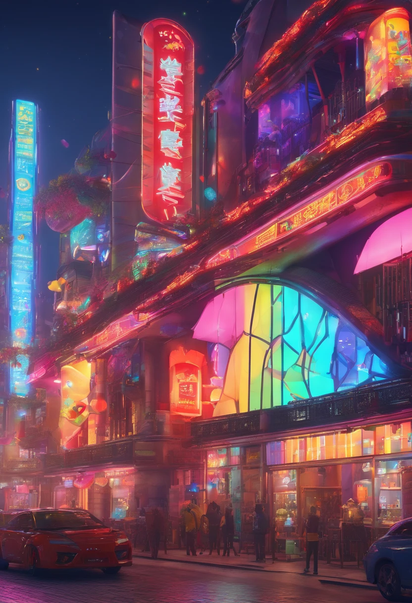 Festive colors,Colorful futuristic,Spectacular film shooting in New China, Modern style building, Colorful city lights, Neon signs, Airship in the sky, Futuristic steampunk shop restaurant, factory, bridge, Futuristic steampunk transport structure, intricately details , Busy, Imaginative, 4K, Rich colors, Bright neon signs and billboards, psychedelia, photorealistic illumination and shadowing