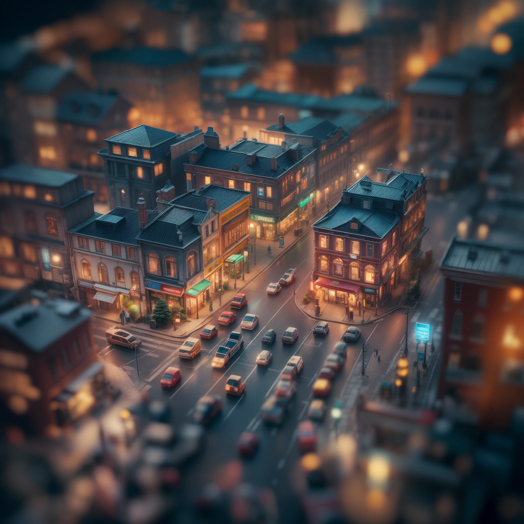 (Tilt-Shift:1.4), businessman small city (extremely colorful, Best quality, high detailed, Masterpiece, Cinematic Lighting, 4K, Chiaroscuro)