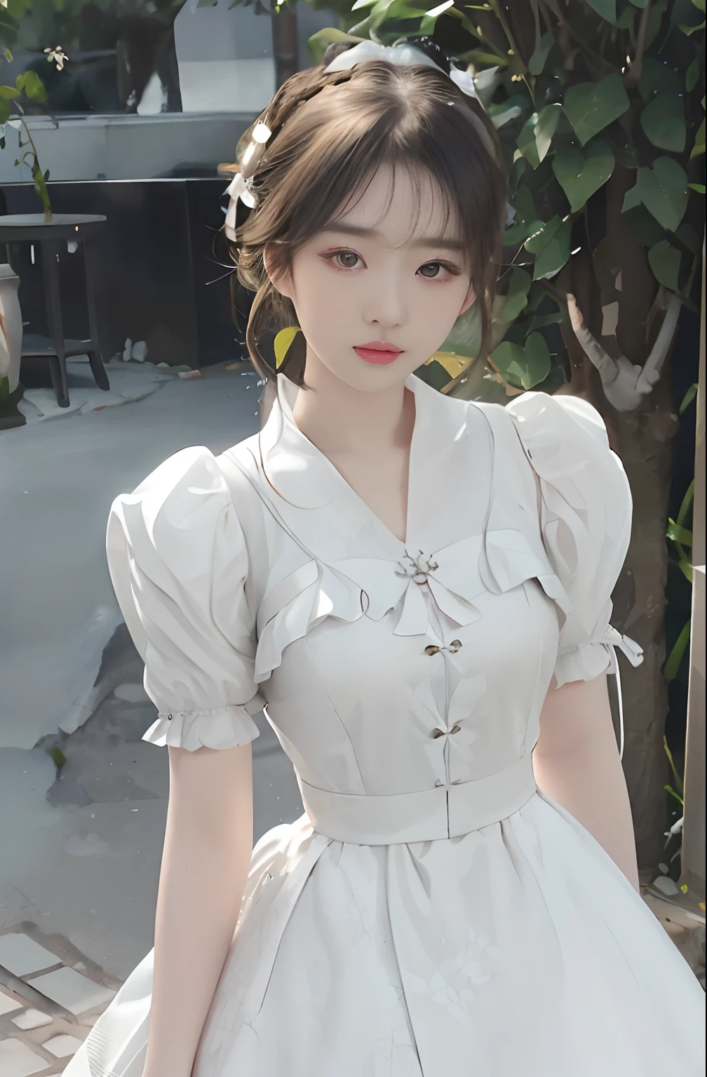 there is a woman with a white dress posing for a picture, pale milky white porcelain skin, pale porcelain white skin, sakimichan, loli in dress, Guviz-style artwork, Close-up by Liu Yifei