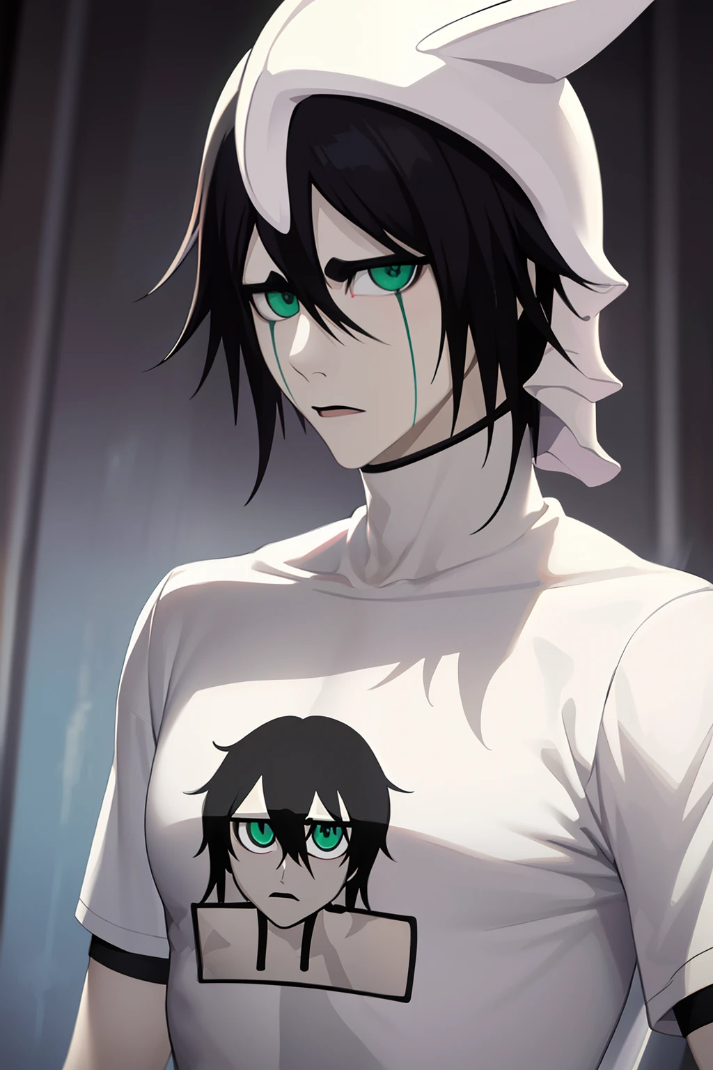 masterpiece, best quality, high quality, 1boy, solo, male focus, closed mouth, looking at viewer, upper body, (tshirt),ulquiorra_cifer