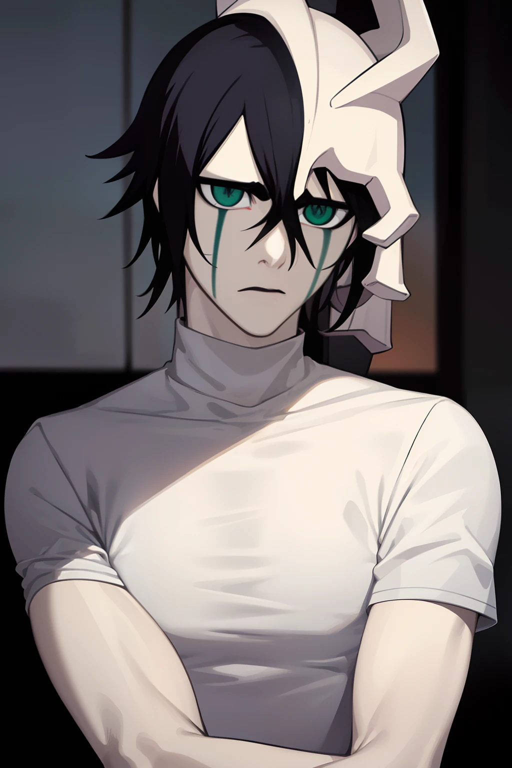 masterpiece, best quality, high quality, 1boy, solo, male focus, closed mouth, looking at viewer, upper body, (tshirt),ulquiorra_cifer