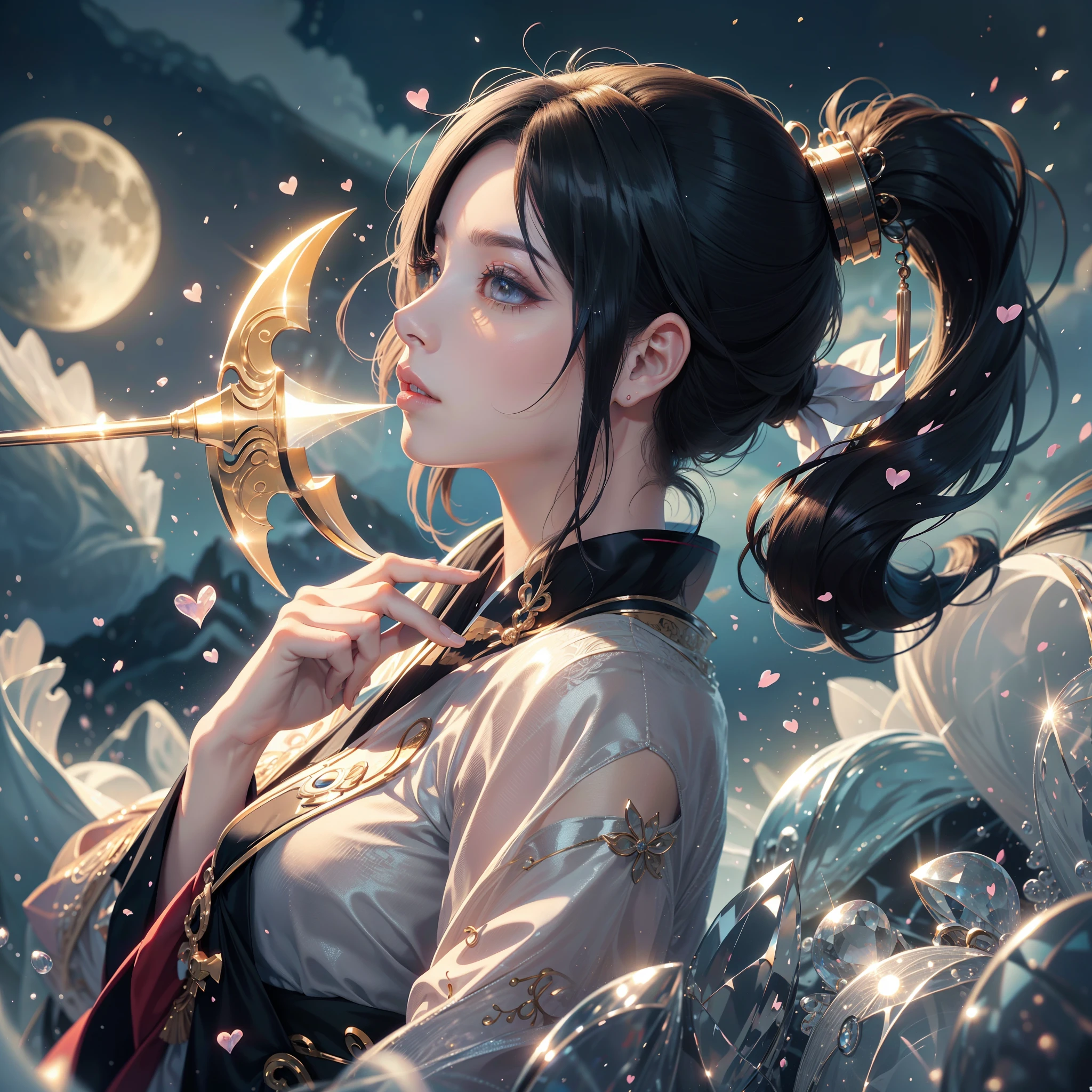 profile、moon in background、poneyTail、Woman with shiny black hair、Gorgeous kimono、Depict a beautiful and graceful woman of Japan。Heart in the eye。full body Esbian。 Beautiful anime art wallpaper 8k, beautiful fantasy anime, Beautiful anime, Detailed anime artwork.Blur the background with a sickle