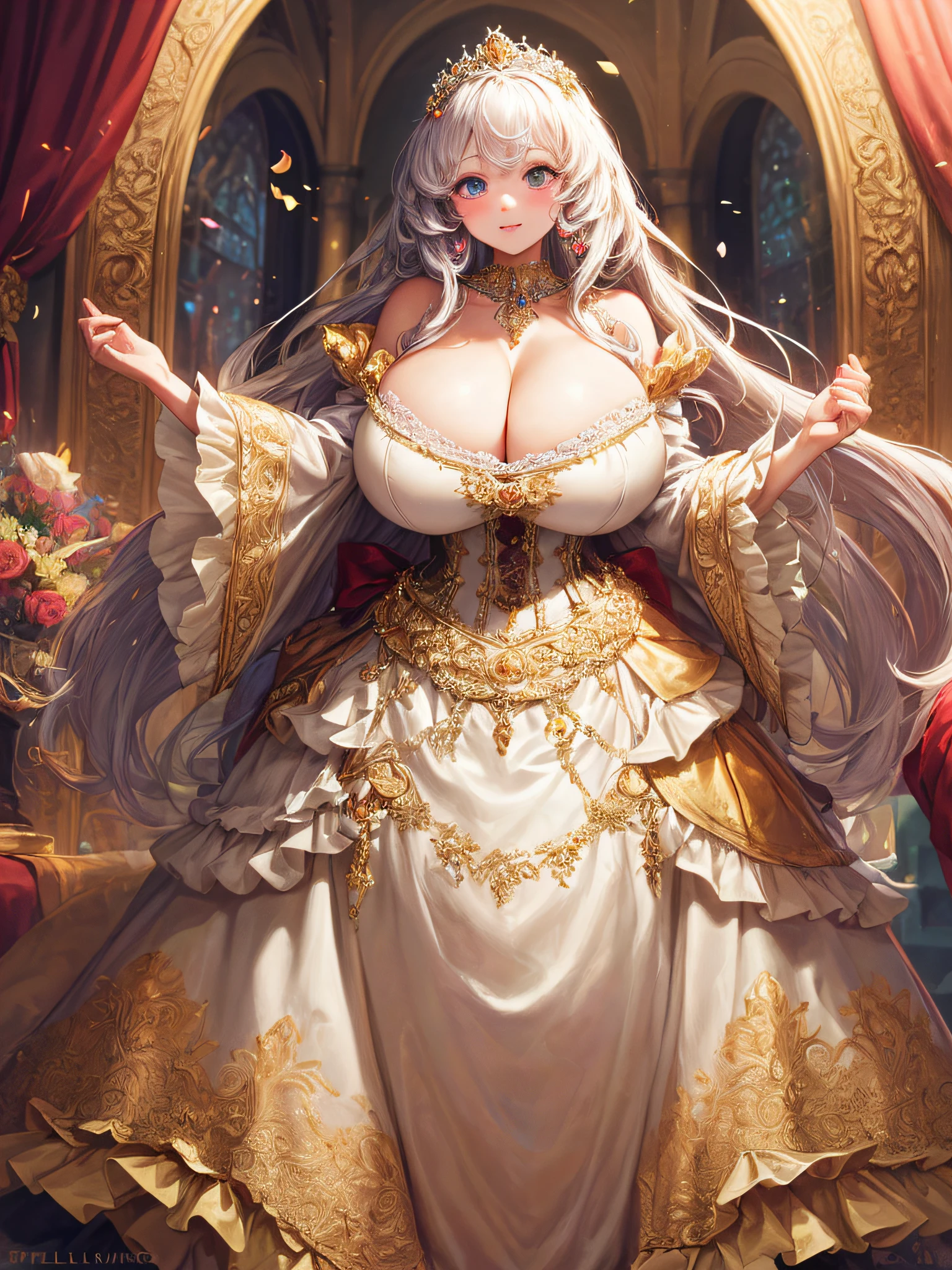 (masterpiece, best quality,extremely detailed:1.1),(moe anime art style:1.2),1girl,((full body,focus face)),((solo)), cute, kawaii,digital art,((1 gorgeous anime princess wearing beautiful embroidery and jeweled gorgeous princess rococo ballgown with voluminous full length hoop skirt)),((crinoline)),long train,voluminous frills,(gorgeous embroidery and beautiful lace),((very gigantic boobs,skindentation)),cleavage,shiny hair,(((very long hair,large amount of straight hair))),((finely detailed face and eyes)),clear pupil,extremely gorgeousfull hair ornament,(bling-bling jeweled extremely gorgeousfull tiara),(bling-bling gorgeous gemstone jewelry),long veil,beautiful background,fantasy background,flowers,flower petals flowing,full body,((beautiful embroidery and jeweled ruffled gorgeous princess rococo ballgown with voluminous full length hoop skirt))