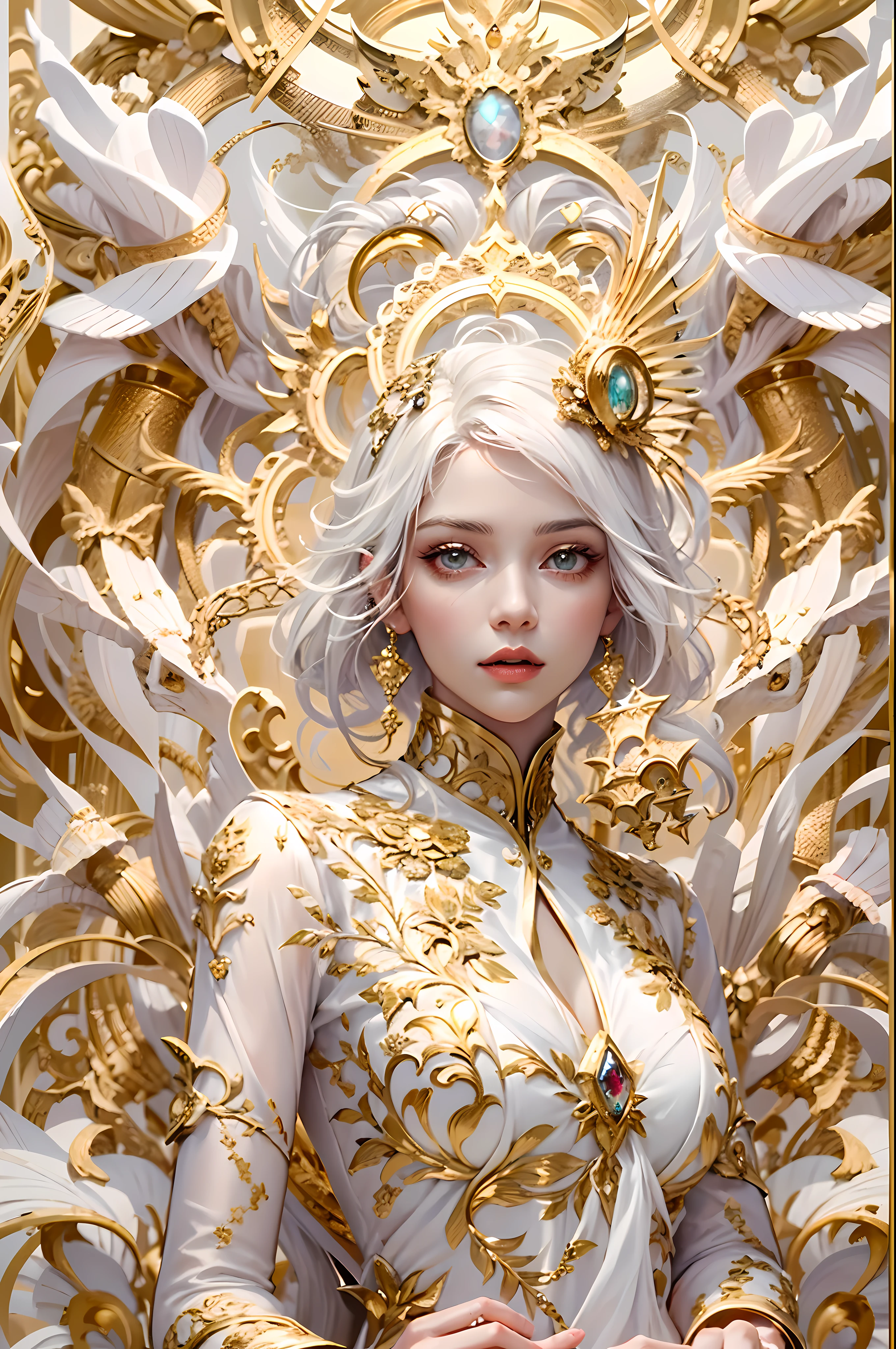 (masterpiece, top quality, best quality, official art, beautiful and aesthetic:1.2), woman, nsfw, extremely detailed, fractal art, colorful, highest detailed, zentangle, (abstract background:1.3), fidus style, (1woman:1.5), (golden birds), silver hair, bright eyes, hair slicked back, short hair, black robe, upper body, detailed eyes