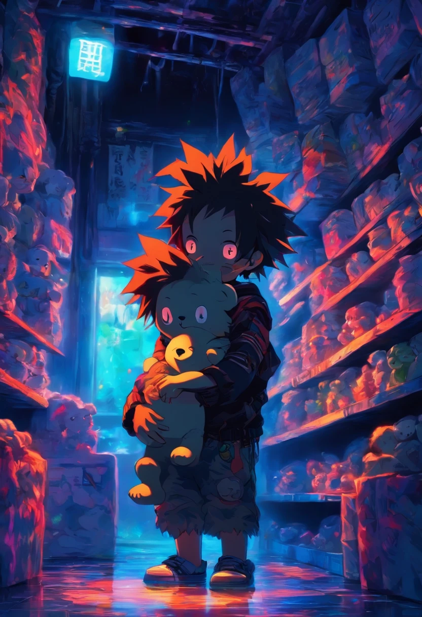 1 little boy,dreads,funk,CRIT,black color hair,Holding a bear doll in his arms,Dimly lit basement,Utility room,The light is dim,