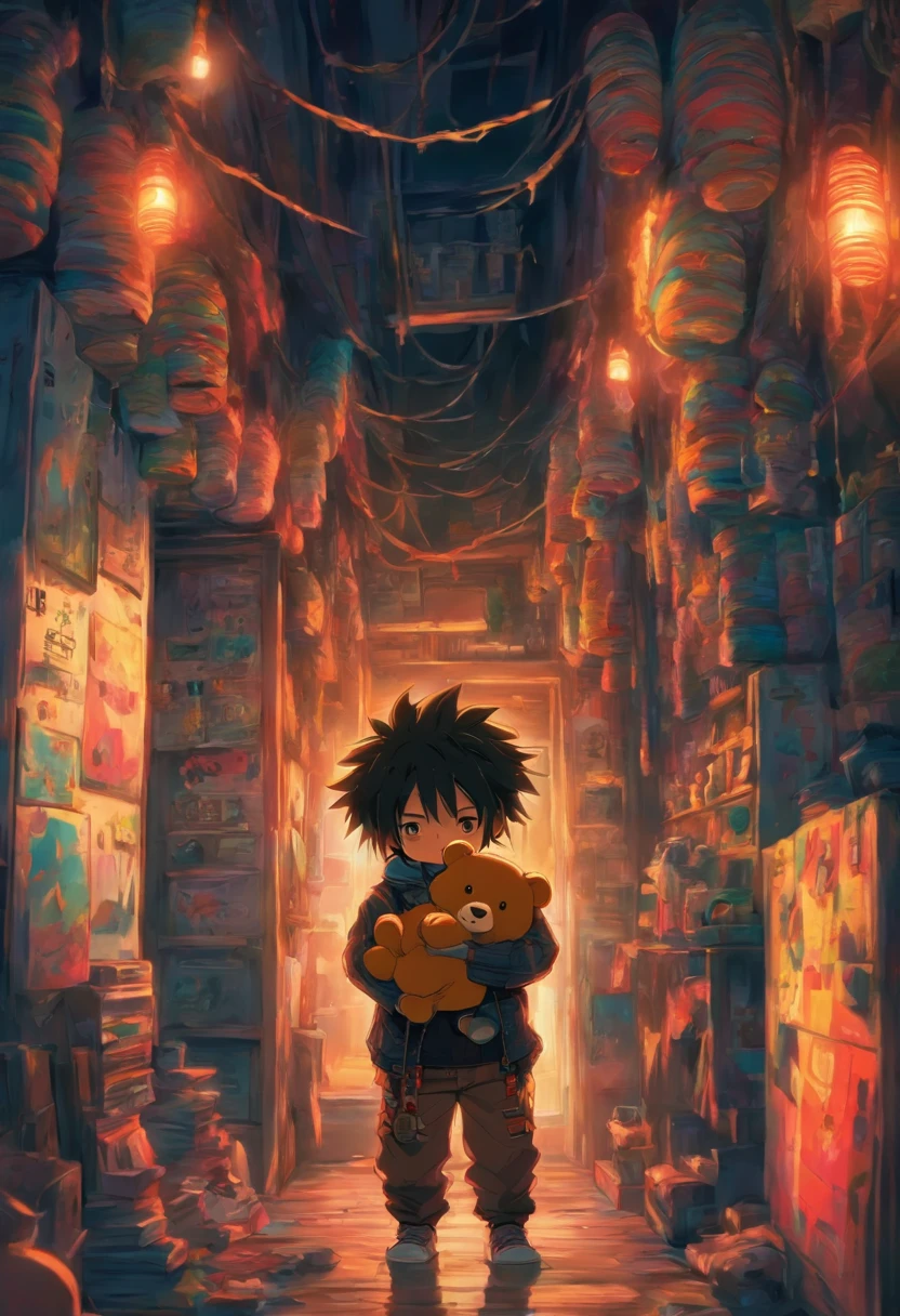 1 ,dreads,funk,CRIT,black color hair,Holding a bear doll in his arms,Dimly lit basement,Utility room,The light is dim,