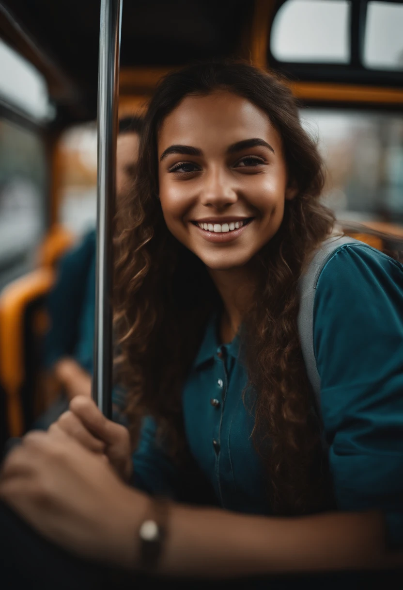 Create an image of a smiling student looking into the camera on a bus, imagem em 4k