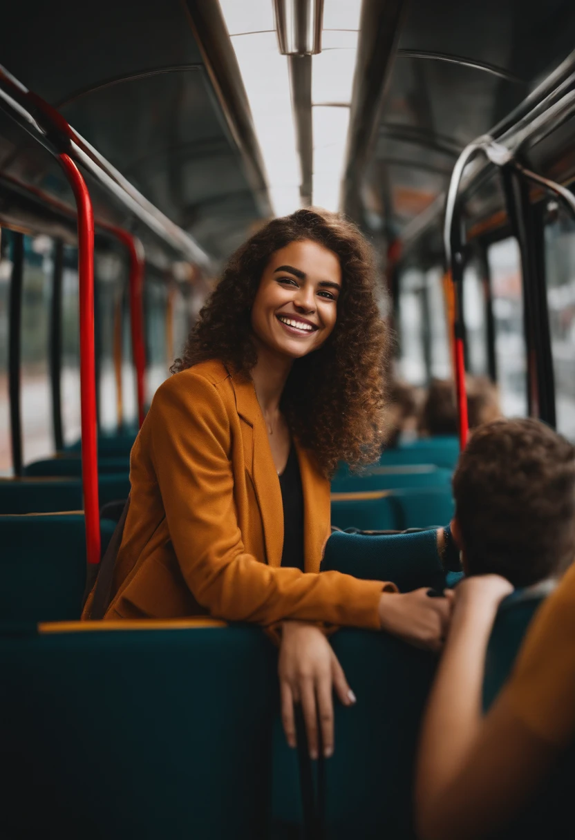 Create an image of a smiling student looking into the camera on a bus, imagem em 4k