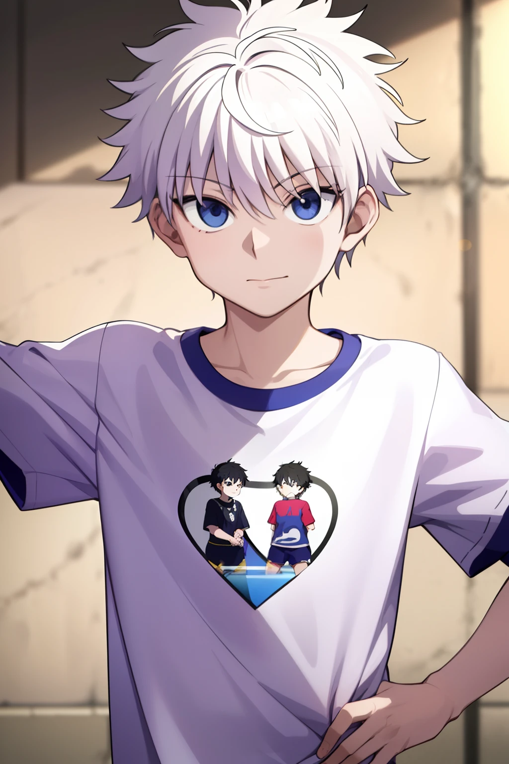 masterpiece, best quality, high quality, 1boy, solo, male focus, closed mouth, looking at viewer, (tshirt), upper body, killua_zoldyck
