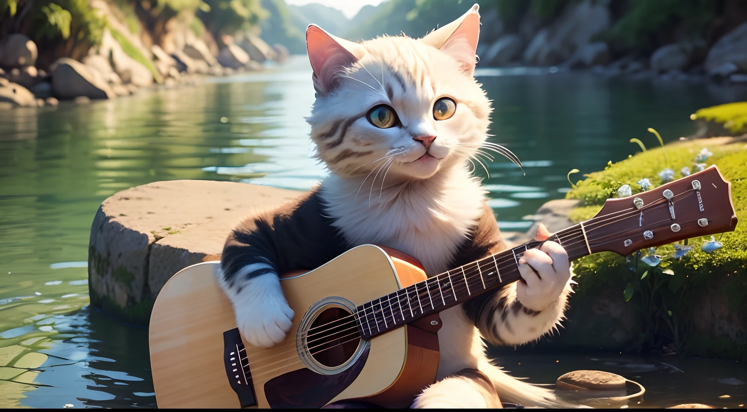 gatinho sorrindo, fofo, do lado do rio, borboletas, flor, borboletas, lago, rio, acoustic guitar