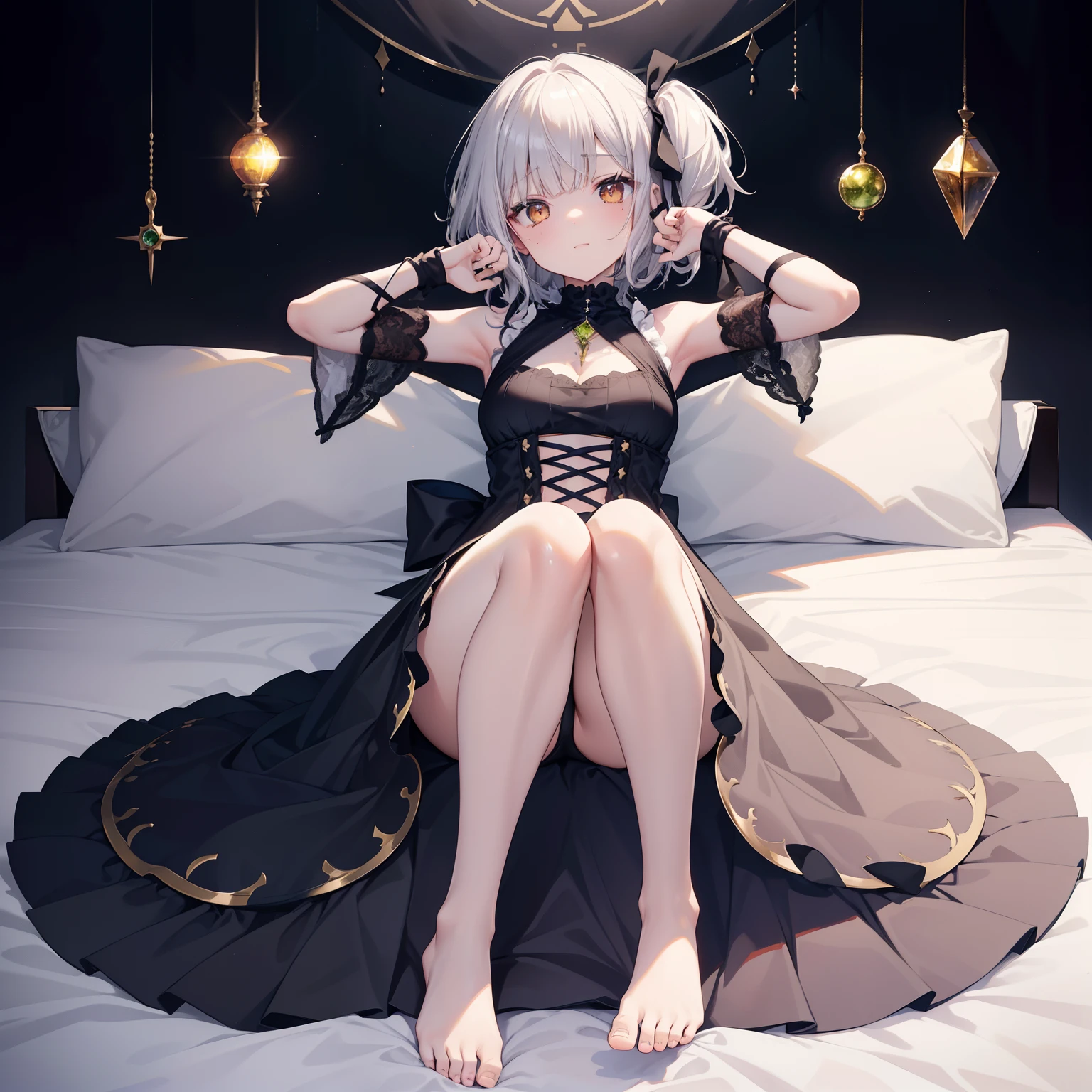 White Gothic dress、Black Onyx、、s girl、bare-legged、Silver Hair Bob Cut、Orange Gold Eye、Fantasia、White Gothic dress、I don't wear underneath、Black Diamond、peridot、Ametrine、Golden Sapphire、Shoulder out、Armpits are visible、From the top、Show your feet to your audience, Big buttocks,Big thighs、 (Presentation of the legs), From the top ,1girl in, Solo, Medium chest, Side hair ribbon, Sleeveless, sole of feet、Shy laughter、Mole under the eyes、Sleeping in bed pose、Five-fingered、2 arms、2 legs、