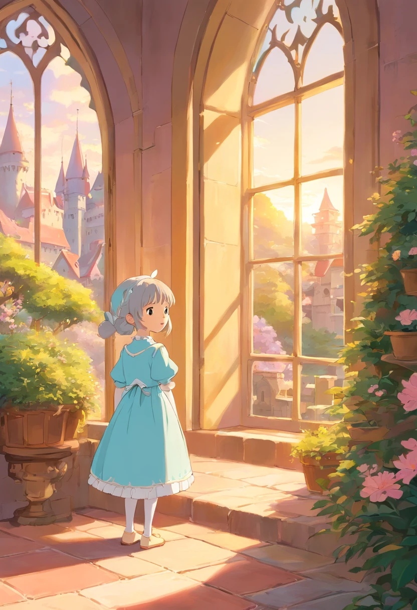a Loli princess in a warm, fairytale-like castle setting. She should have youthful features and be dressed in a frilly pastel gown. The setting should be a cozy room with a large window revealing a garden bathed in the golden glow of sunset, filled with plush furnishings and little elements like twinkle lights and soft cushions. The entire scene should evoke a sense of comfort, innocence, and beauty with a soft, warm color palette