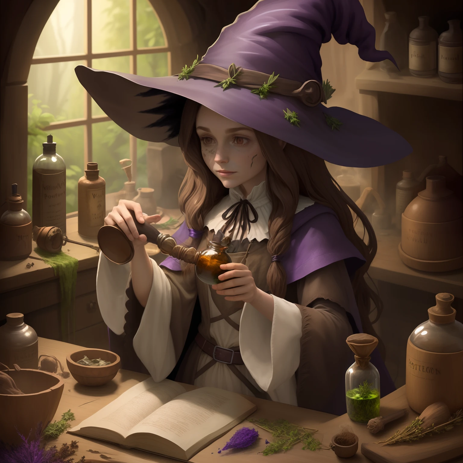 Witch with long brown hair
creating potions c herbs
