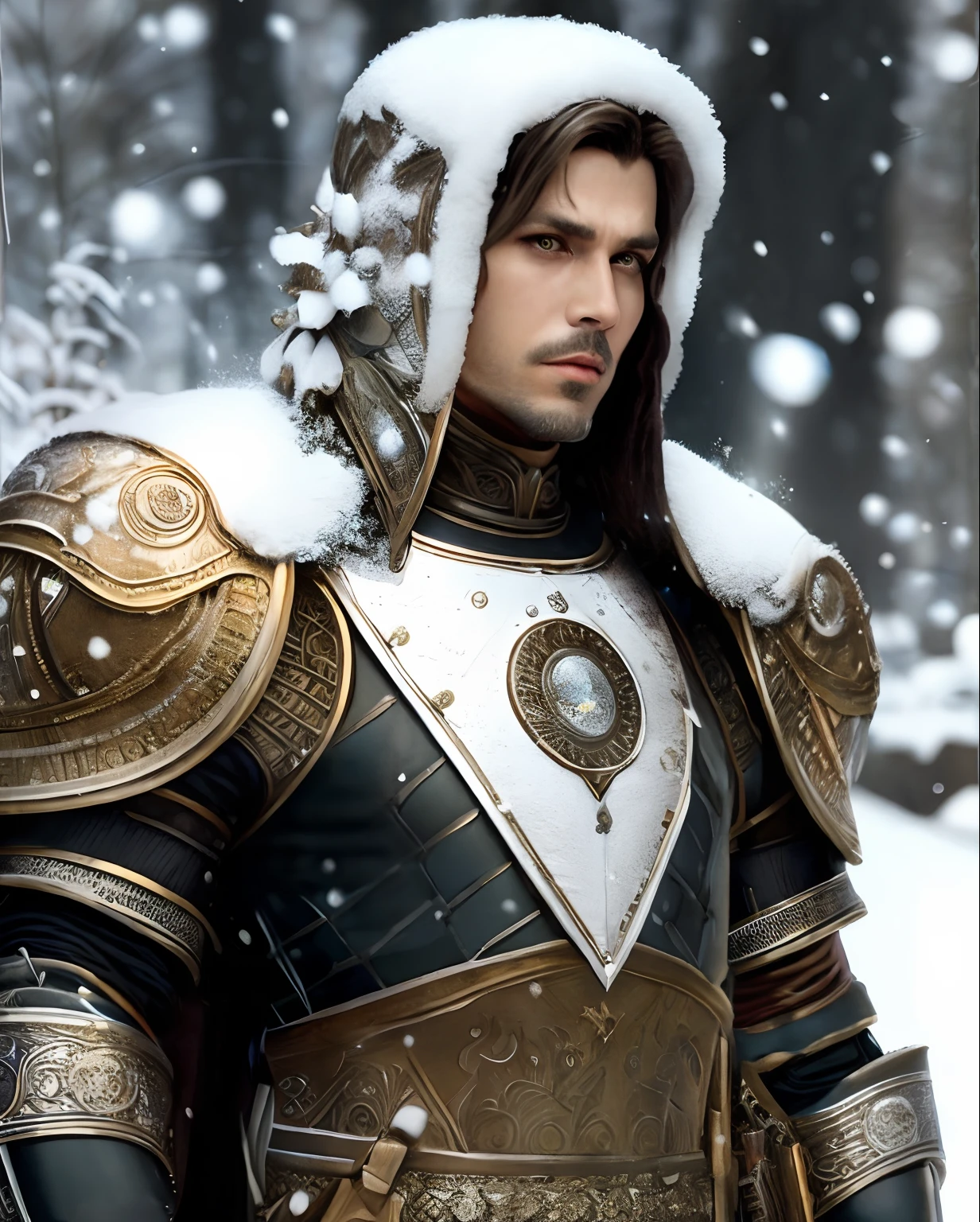 Full male body, resting in the snow, male human, Sturm from Dragonlance, human knight, honorable, taking a break amidst a snowy landscape, ((thick mustache, long brown hair, stern brown eyes)), (shining plate armor with intricate patterns), (fabric with intricate pattern:1. 2), (insanely detailed, bloom:1. 5), (highest quality, Brom, Frank Frazetta, H. R. Giger, Yoshitaka Amano, Luis Royo, concept art, 4k), (analog:1. 2), ((high sharpness)), (detailed pupils:1. 1), (painting:1. 1), (digital painting:1. 1), detailed face and eyes, Masterpiece, best quality, (highly detailed photo:1. 1), 8k, photorealistic, By Jeremy Mann, by Sandra Chevrier, by Maciej Kuciara, sharp, (strong knight body:1. 1), realistic, real shadow, 3d, (tranquil snow-covered background:1. 2),