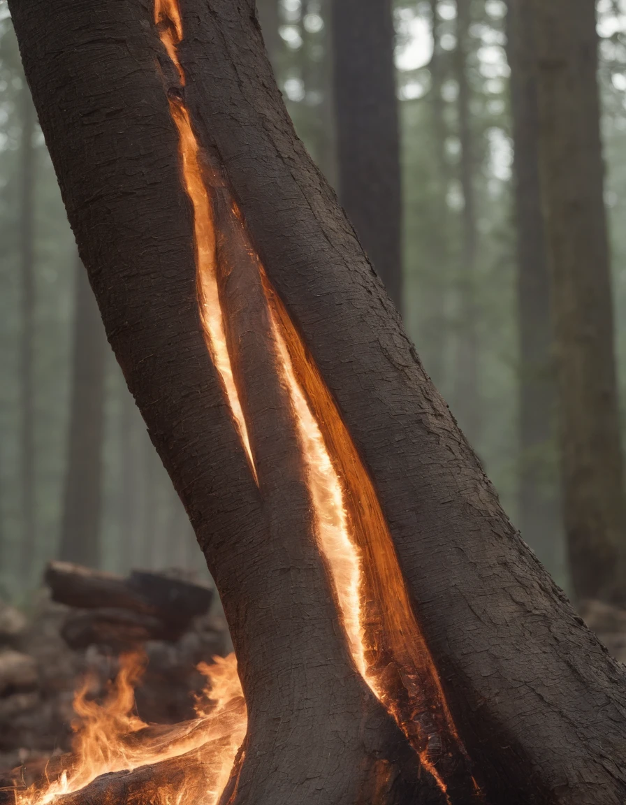 "Generate a high-quality Charred-style image of a tree trunk in the shape of a face engulfed in flames. The image should have intricate details, an extremely high level of quality, and a fiery composition typical of the Charred aesthetic. Use intense, vivid colors to represent the flames and unique textures for the charred wood. Provide an image where the tree trunk face is the central focus, exuding a powerful and enigmatic presence. Three artists related to this style are Daniel Dociu, Craig Mullins, and Feng Zhu."