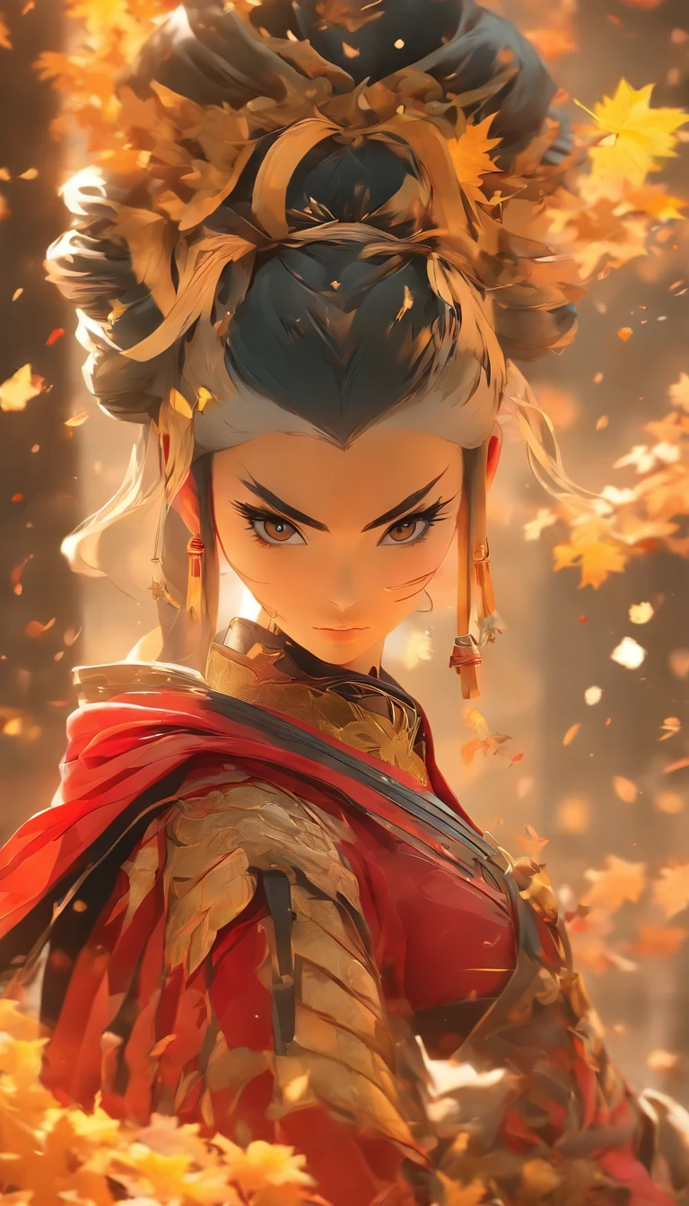 Chinese ink style,Smudge,Female general,Dark,Flowing and chic,Ancient armor,Full body like,Maple leaves,ventania,8K,((super-fine)),Hyper-realistic,(((OC renderer)))