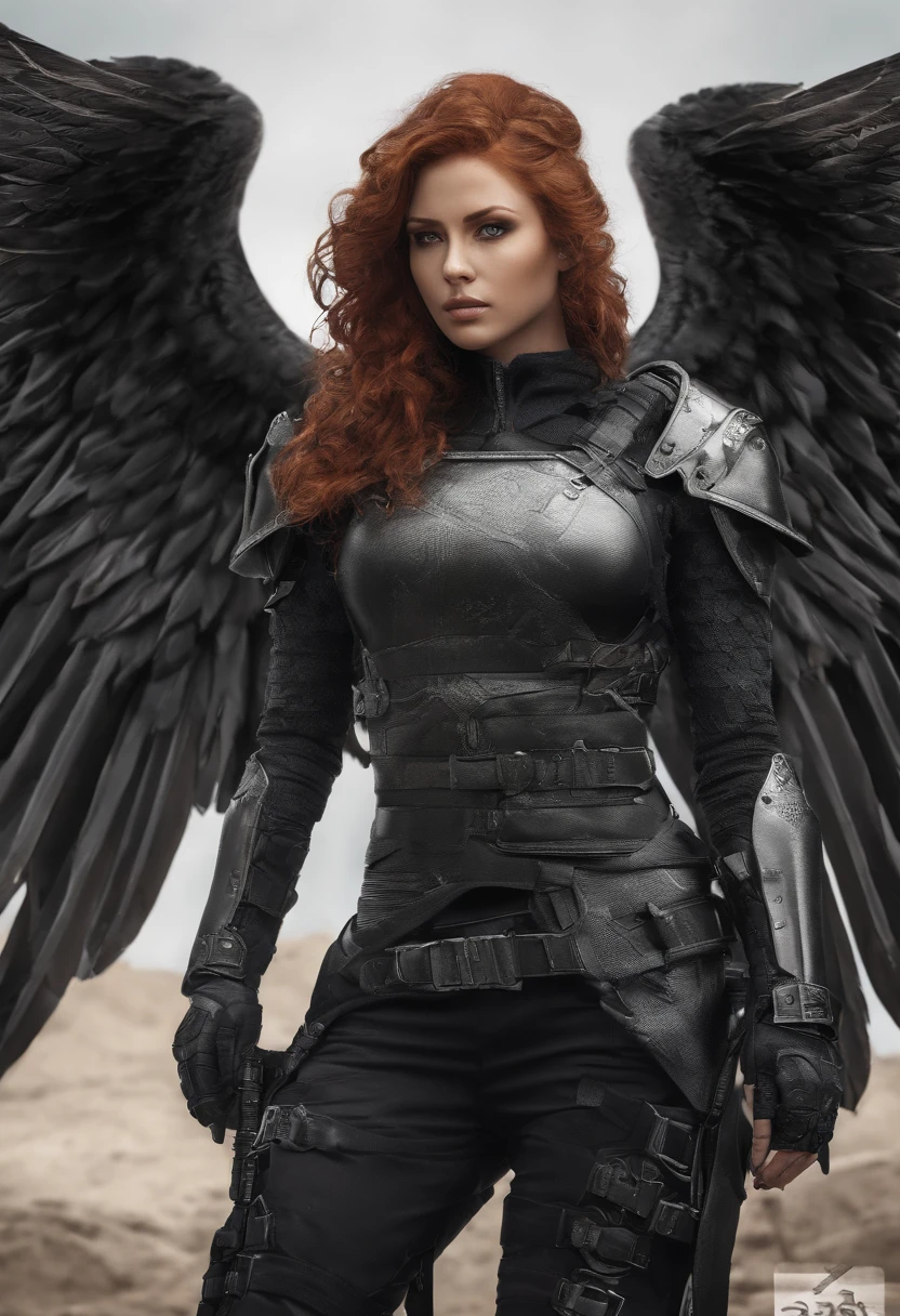 mulher (ruiva de cabelos longos cacheados com armadura medieval), Hibrido, antromomórfica, antropomórfia, (Emphasis with large black wings), fotorrealista, ultra-detalhado, detalhes intrincados, super detalhado, volumático, HDR, Realistic, Motor irreal, 16k, foco nítido, octan render, da mais alta qualidade, Foto RAW, cinematic  composition,
YakuzaTattoo