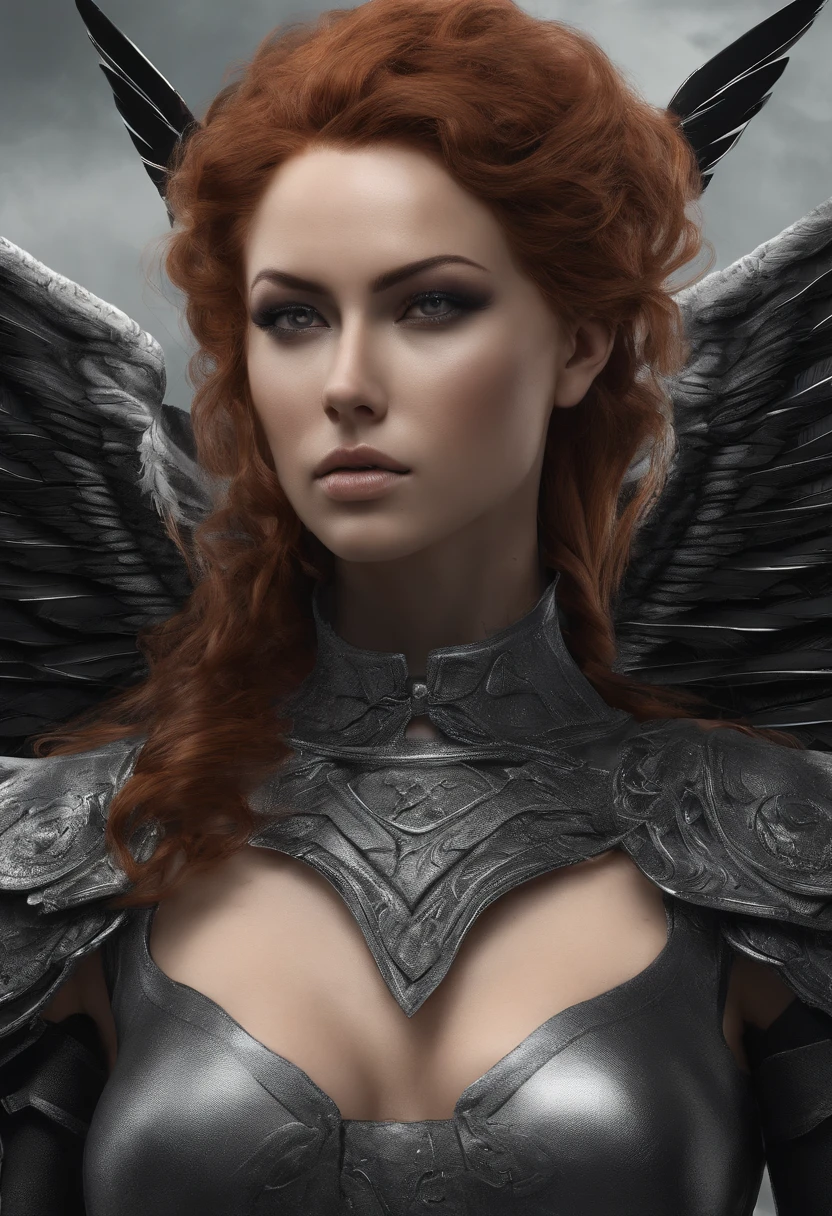 mulher (ruiva de cabelos longos cacheados com armadura medieval), Hibrido, antromomórfica, antropomórfia, (Emphasis with large black wings), fotorrealista, ultra-detalhado, detalhes intrincados, super detalhado, volumático, HDR, Realistic, Motor irreal, 16k, foco nítido, octan render, da mais alta qualidade, Foto RAW, cinematic  composition,
YakuzaTattoo