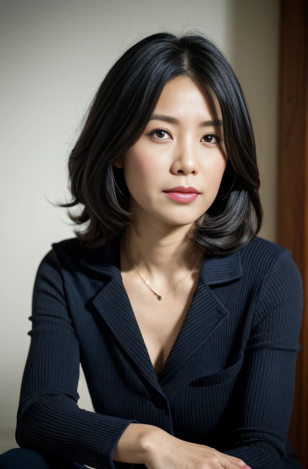 ((Best Quality, 8k, Masterpiece, Portrait: 1.3)), (looking at viewer),Photorealistic, Sharp Focus, Solo, Japan Milf, Beauty, Clothes with Cleavage View, 30 Years Old, Wavy Hair, Wrinkles at the Corners of the Eyes, ((Open your legs wide:1.5, Sit one knee up:1.5, show crotch)), (loose waist:0.5), darkness nobody room,