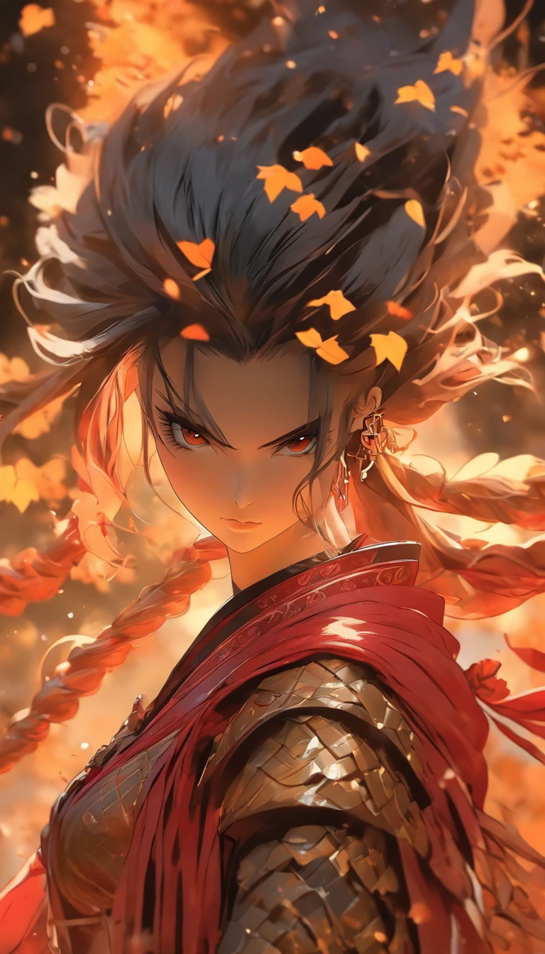 Chinese ink style，Smudge，Female general，Dark，Flowing and chic，Ancient armor，（Full body like：1.5），Maple leaves，ventania，8K，（（super-fine）），Hyper-realistic，（（（OC renderer）））