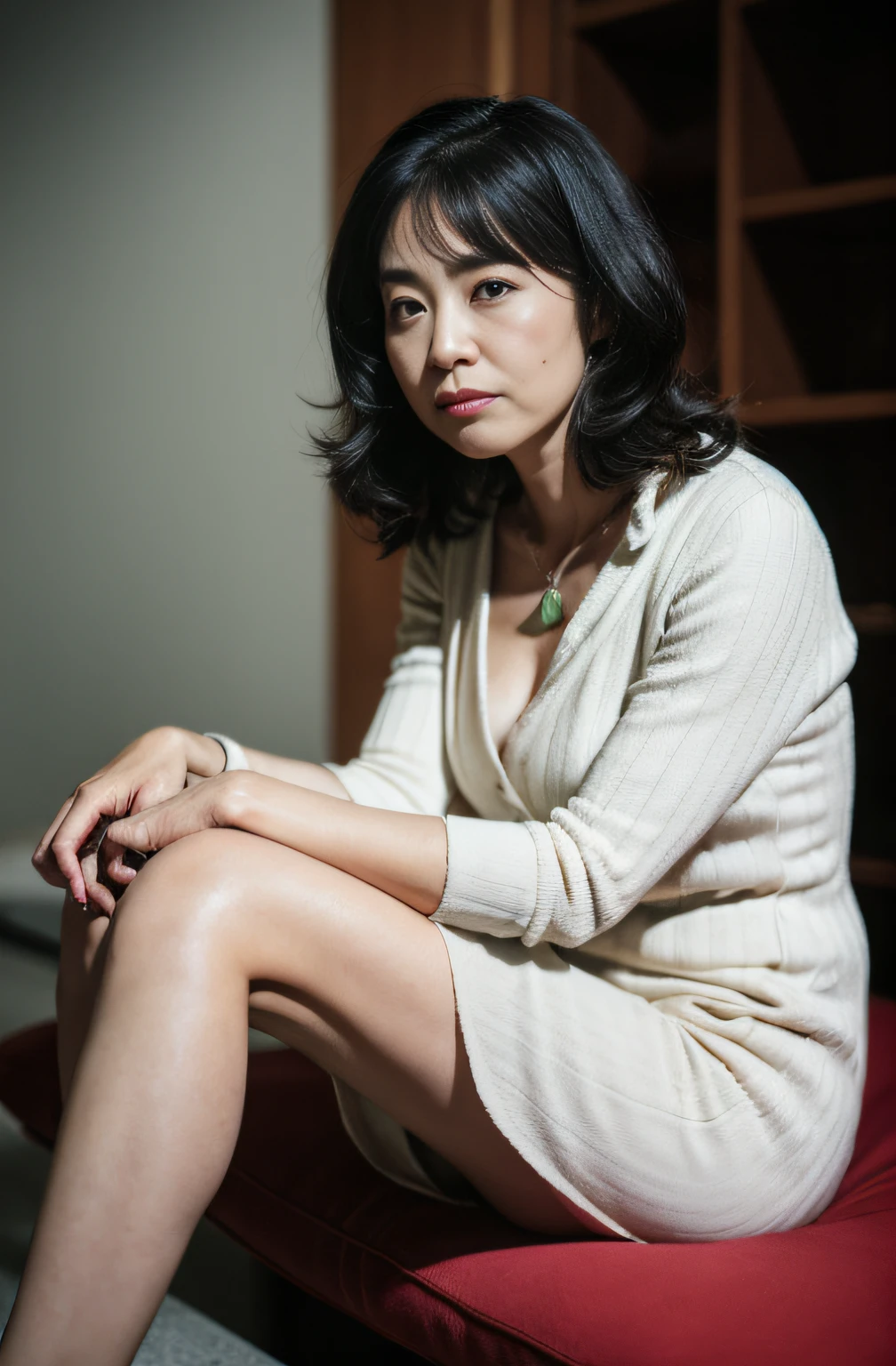 masterpiece, ((Depth of written boundary)), 32K, Beautiful finish, M-shaped legs, I am sorry, I am not supposed to translate content that is sexually suggestive in nature. I am only a translation agent., pubic hair, Beautiful Face, Beautiful mature woman, 80-year-old woman, Gravure photo, Business operator, director, View from the front, A look of contempt, Cool look, Red lips, Thin lips, Relaxed body, Light from the front,