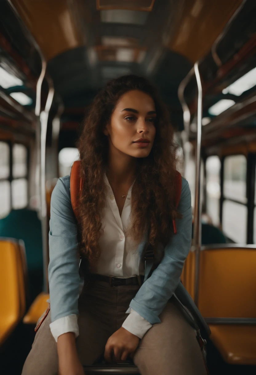 criar uma imagem de um aluno sorrindo, with a backpack looking at the camera on a bus, imagem em 4k, quero uma imagem bem animada