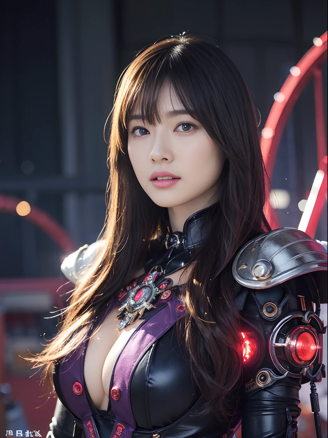 top-quality、masterpiece、超A high resolution、(Photorealsitic:1.4)、Raw photo、女の子1人、Black hair、glowy skin、((1 Mechanical Girl))、((super realistic details))、portlate、globalillumination、Shadow、octan render、8K、ultrasharp、Colossal tits、Raw skin is exposed in cleavage、metals、Details of complex ornaments、Japan details、highly intricate detail、Realistic light、CGSoation Trends、a purple eye、radiant eyes、Facing the camera、neon details、Mechanical limbs、blood vessels connected to tubes、Mechanical vertebrae attached to the back、mechanical cervical attaching to neck、sitting on、Wires and cables connecting to the head、Gundam、Small LED lamp、Particles of light、