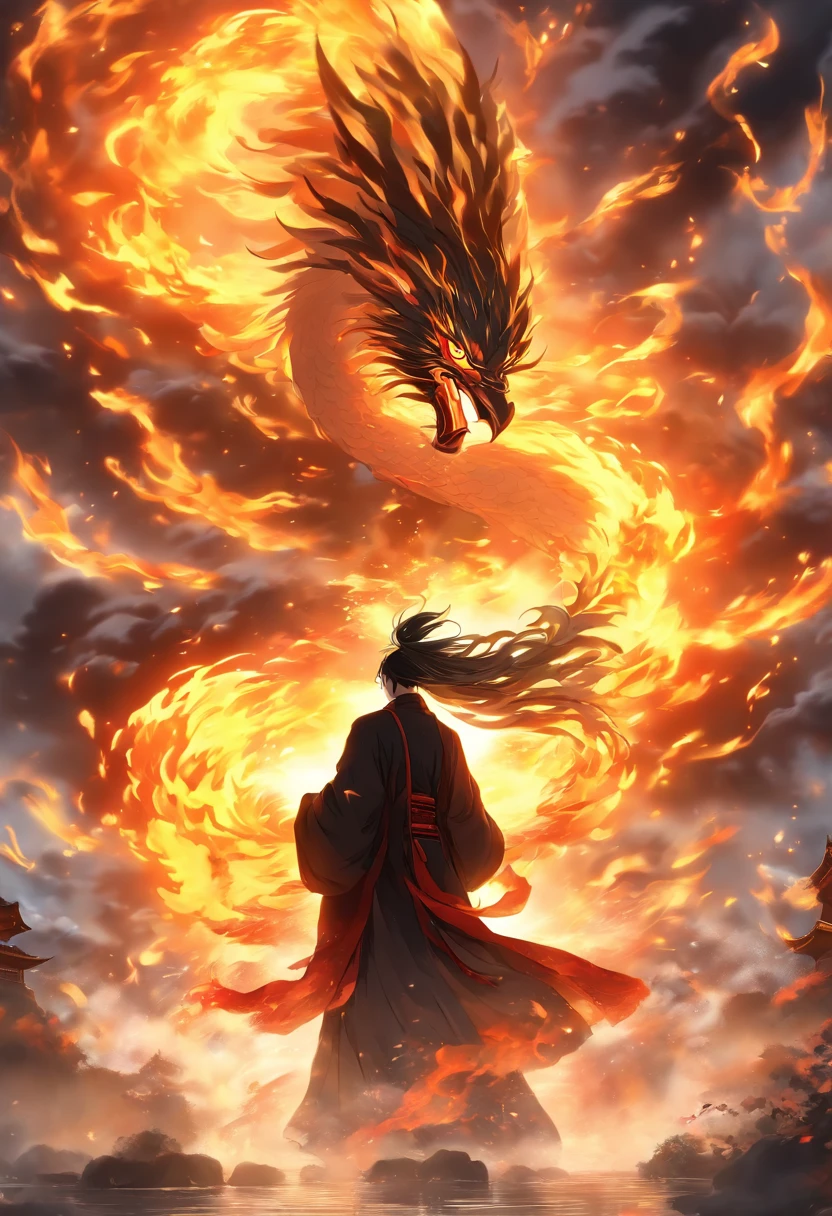 China-style，中景 the scene is，The Taoist priest stood in front of the huge winged fire phoenix，Stretch your hands，Long messy hair，Glow effects，Hyper-realistic，Ultra photo realsisim，Chinese black and white ink style，Silver，Decolorization，Smudge，ink，8K，super-fine，high qulity，OC renderer