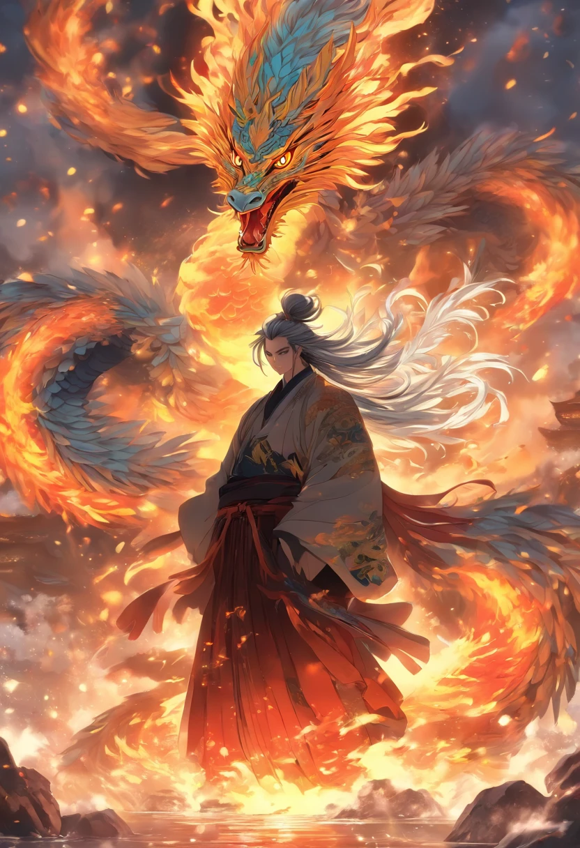 China-style，中景 the scene is，The Taoist priest stood in front of the huge winged fire phoenix，Stretch your hands，Long messy hair，Glow effects，Hyper-realistic，Ultra photo realsisim，Chinese black and white ink style，Silver，Decolorization，Smudge，ink，8K，super-fine，high qulity，OC renderer