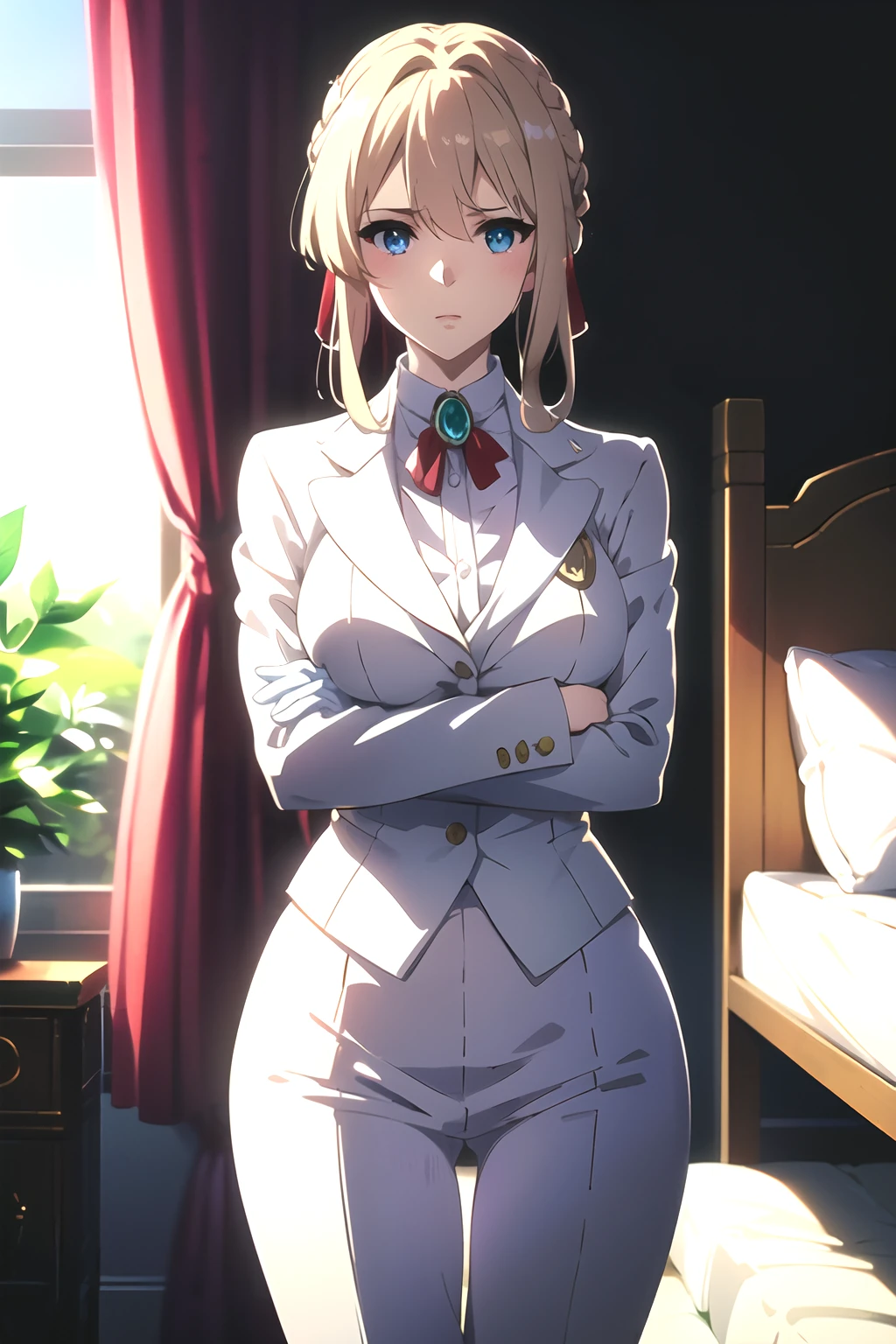 (best quality,4k,8k,highres,masterpiece:1.2) violet evergarden, brooch, hair intakes, braid, blonde, white tuxedo  ,white pants, white gloves, 1girl, solo, blue eyes, bedroom, medium breasts, braid, bedroom, white dress, red ribbon,crossed arms, wedding