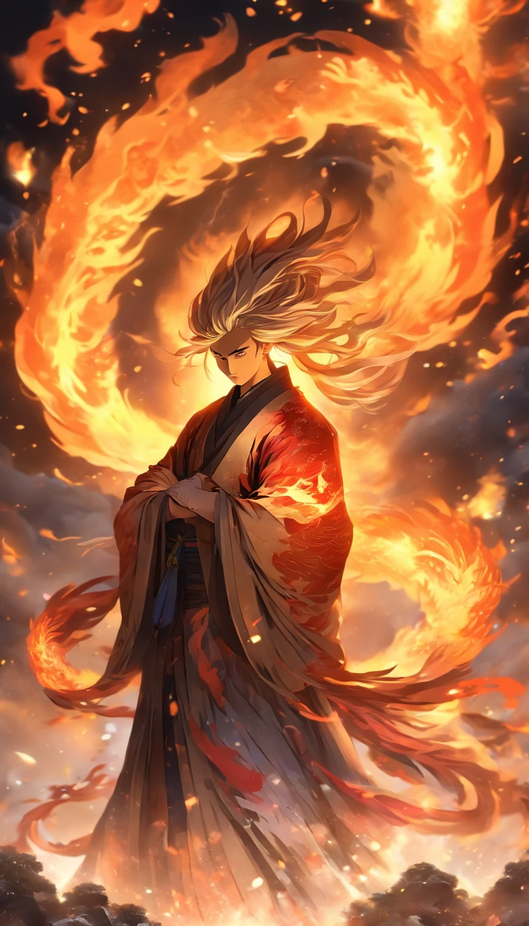 China-style,中景 the scene is,The Taoist priest stood in front of the huge fire phoenix,Stretch your hands,Long messy hair,Glow effects,Hyper-realistic,Ultra photo realsisim,Chinese black and white ink style,Silver,Decolorization,Smudge,ink,8K,super-fine,high qulity,OC renderer