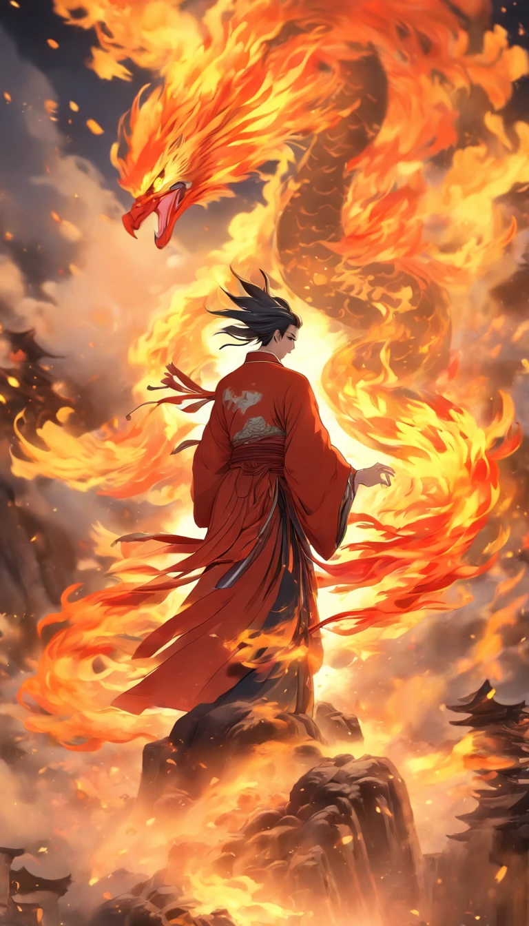 China-style，中景 the scene is，The Taoist priest stood in front of the huge fire phoenix，Stretch your hands，Long messy hair，Glow effects，Hyper-realistic，Ultra photo realsisim，Chinese black and white ink style，Silver，Decolorization，Smudge，ink，8K，super-fine，high qulity，OC renderer