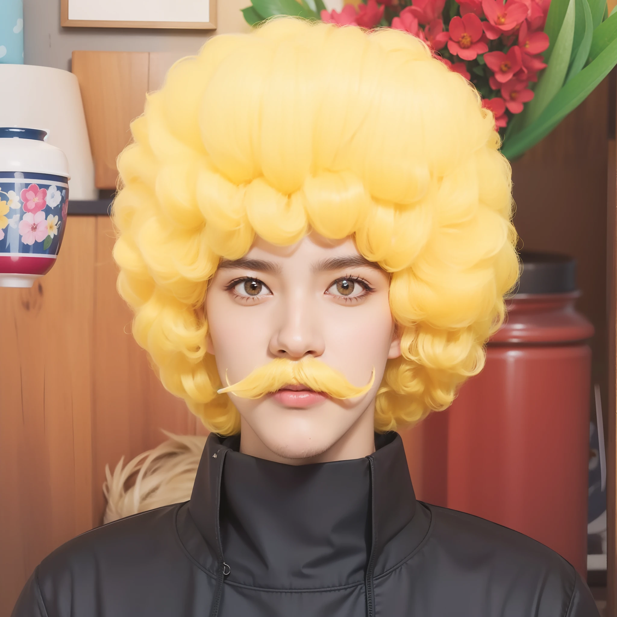 Real life adaption of this character ,adult Japanese man ,realistic yellow curly afro hairstyle,realistic yellow moustache,realistic yellow eyebrow,realistic outfit,hyper realistic,realism,realistic light,realistic shadow(photorealistic:1.2)