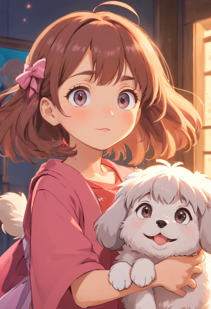 a super cute little girl with large, sparkling eyes alongside a small, fluffy puppy. Their expressions should be joyful and heartwarming, creating a sense of comfort and joy for anyone who sees it. Please use a soft and pastel color palette to enhance their cuteness and add a touch of innocence to the artwork.