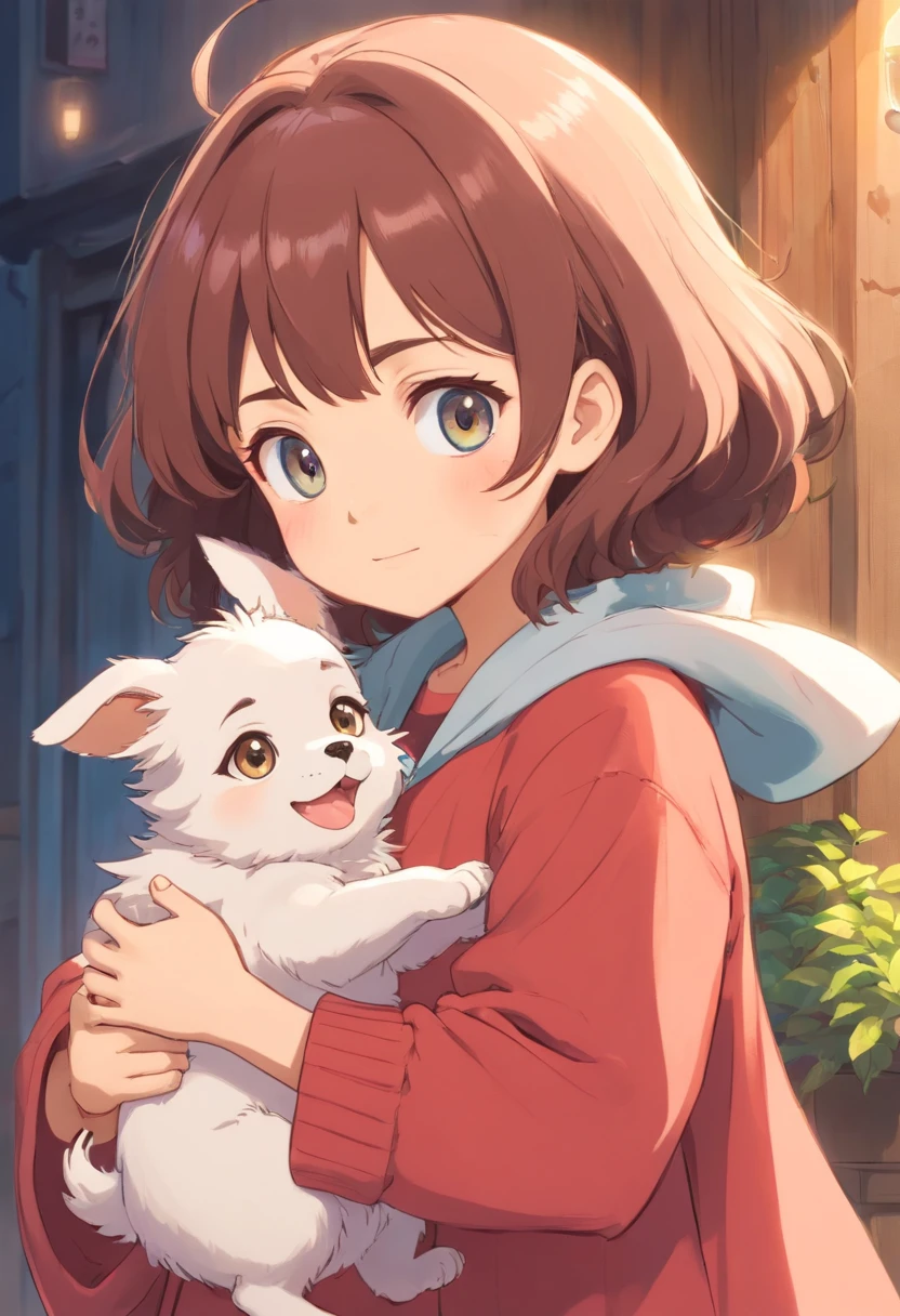 a super cute  girl with large, sparkling eyes alongside a small, fluffy puppy. Their expressions should be joyful and heartwarming, creating a sense of comfort and joy for anyone who sees it. Please use a soft and pastel color palette to enhance their cuteness and add a touch of innocence to the artwork.