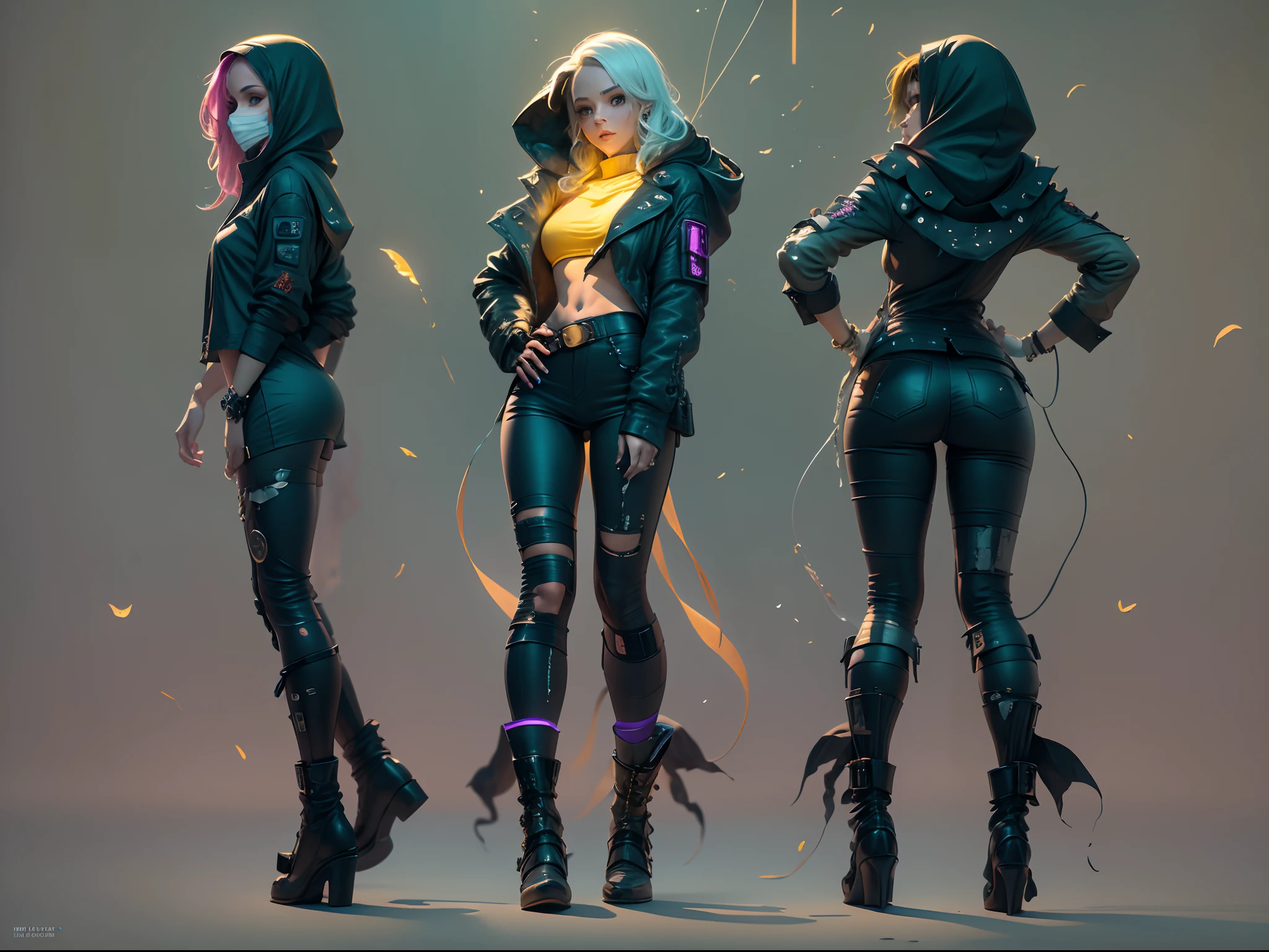 the night，A woman who is，Short lemon yellow hair，Wear a mask，Deep purple hood，Black bandeau，There is a wound on the shoulder，Black ripped pants，Wearing dark purple boots，spread their legs，In a cyberpunk-style night alley