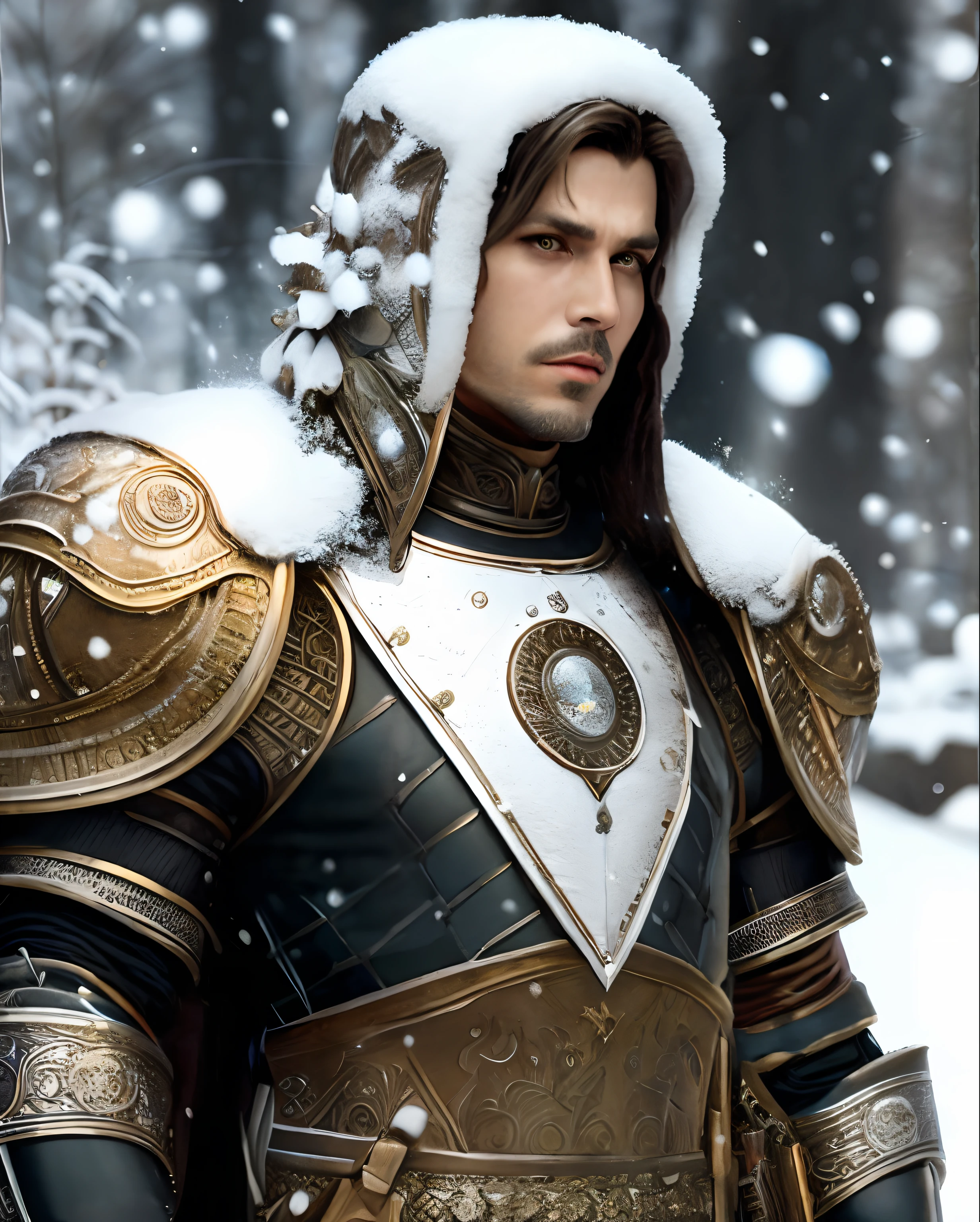 Full male body, resting in the snow, male human, Sturm from Dragonlance, human knight, honorable, taking a break amidst a snowy landscape, ((thick mustache, long brown hair, stern brown eyes)), (shining plate armor with intricate patterns), (fabric with intricate pattern:1. 2), (insanely detailed, bloom:1. 5), (highest quality, Brom, Frank Frazetta, H. R. Giger, Yoshitaka Amano, Luis Royo, concept art, 4k), (analog:1. 2), ((high sharpness)), (detailed pupils:1. 1), (painting:1. 1), (digital painting:1. 1), detailed face and eyes, Masterpiece, best quality, (highly detailed photo:1. 1), 8k, photorealistic, By Jeremy Mann, by Sandra Chevrier, by Maciej Kuciara, sharp, (strong knight body:1. 1), realistic, real shadow, 3d, (tranquil snow-covered background:1. 2),