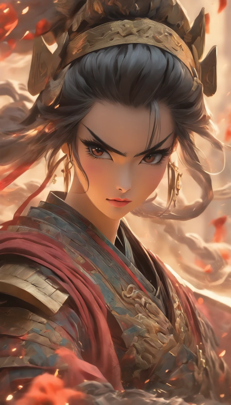 Chinese ink style,Smudge,Female general,Dark,Flowing and chic,Ancient armor,(Full body like:1.5),Chang'an Street,ventania,8K,((super-fine)),Hyper-realistic,(((OC renderer)))