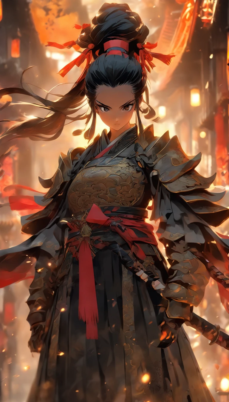Chinese ink style,Smudge,Female general,Dark,Flowing and chic,Ancient armor,(Full body like:1.5),Chang'an Street,ventania,8K,((super-fine)),Hyper-realistic,(((OC renderer)))