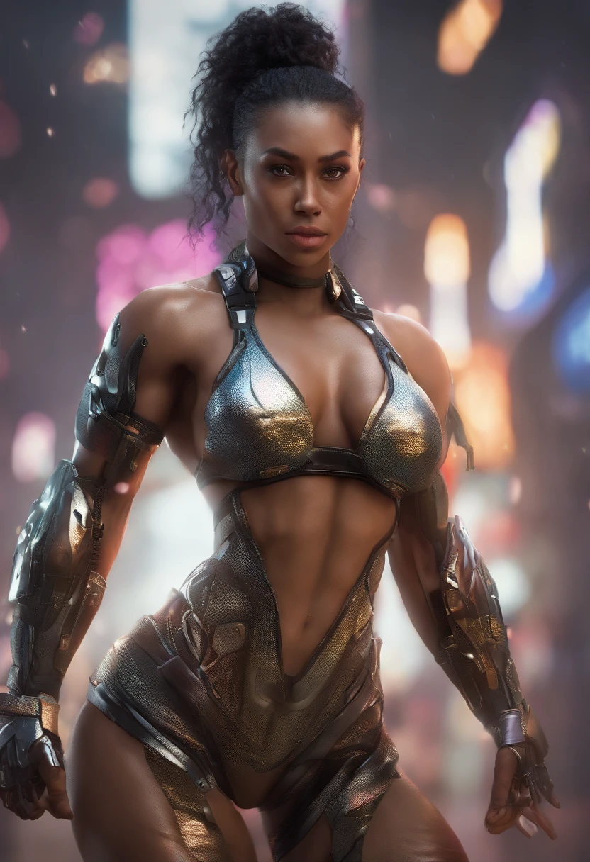(best quality,4k,8k,highres,masterpiece:1.2),ultra-detailed,realistic,perfect 7ft tall women with large muscles abs and very large breasts,sparkling eyes,sharp cheekbones,vivid colors,strong and confident pose,intense lighting,long flowing hair,stunning athletic physique,powerful arms and legs,toned and defined abs,sporty outfit,futuristic metallic materials,sci-fi concept art,reflective surfaces,colored light effects,high contrast,color grading,bokeh