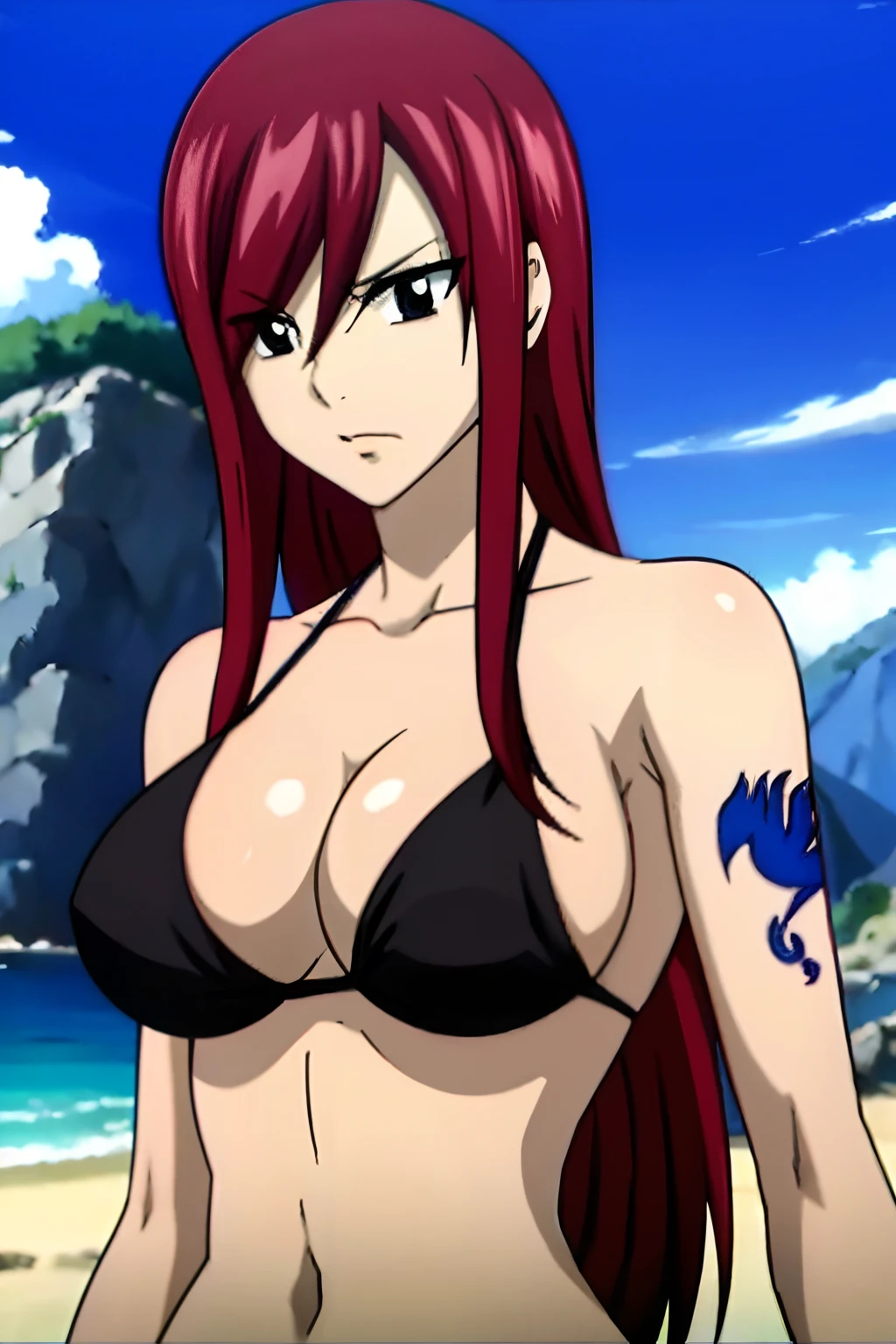 Scarlet erza, black bikini, adult woman, big breasts, standing, cowboy shot, best quality, (clean body), fair skin, (tattoo on left shoulder only), beach, stomach, upper body only, navel