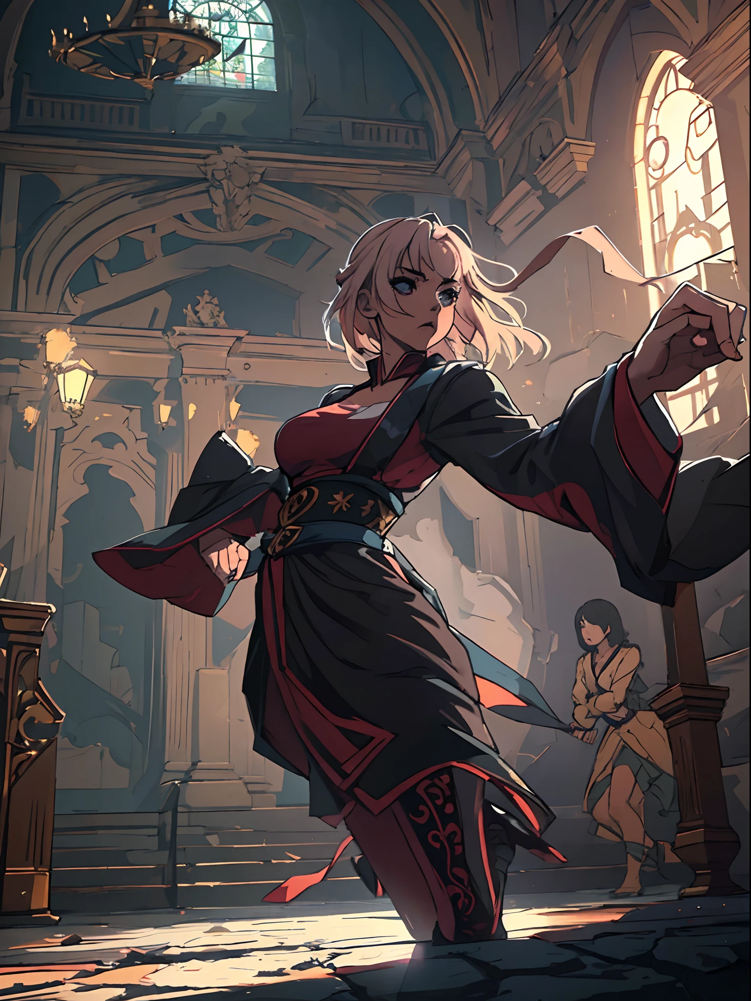 anime, fighting stance, action, dynamic pose, beautiful woman, medium breasts, ornate clothes, breastless clothes, , horror \(theme\), (Masterpiece, Best Quality, High Quality, Highres:1.4), Detailed, Extremely Detailed, Ambient Soft Lighting, 4K, silhouette, architecture