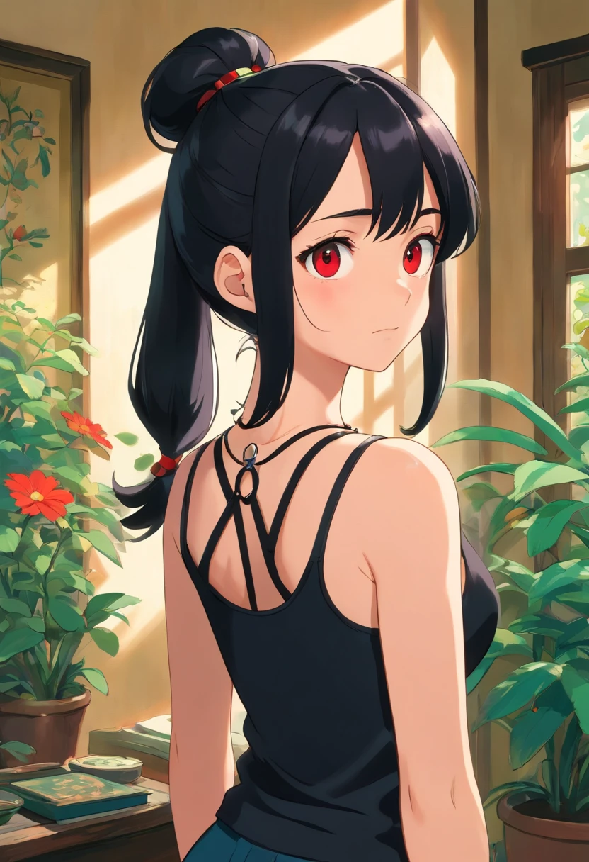 a girl wearing an black tight tanktop, a black necklace, in the style of tranquil gardenscapes, colorful animation stills, red eyes, black hair, long ponytail hair, inside the room, aquamarine, paul gauguin, Embry style, honest portrayal