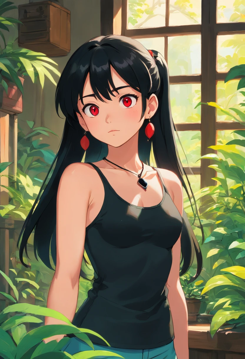 a girl wearing an black tight tanktop, a black necklace, in the style of tranquil gardenscapes, colorful animation stills, red eyes, black hair, long ponytail hair, inside the room, aquamarine, paul gauguin, Embry style, honest portrayal