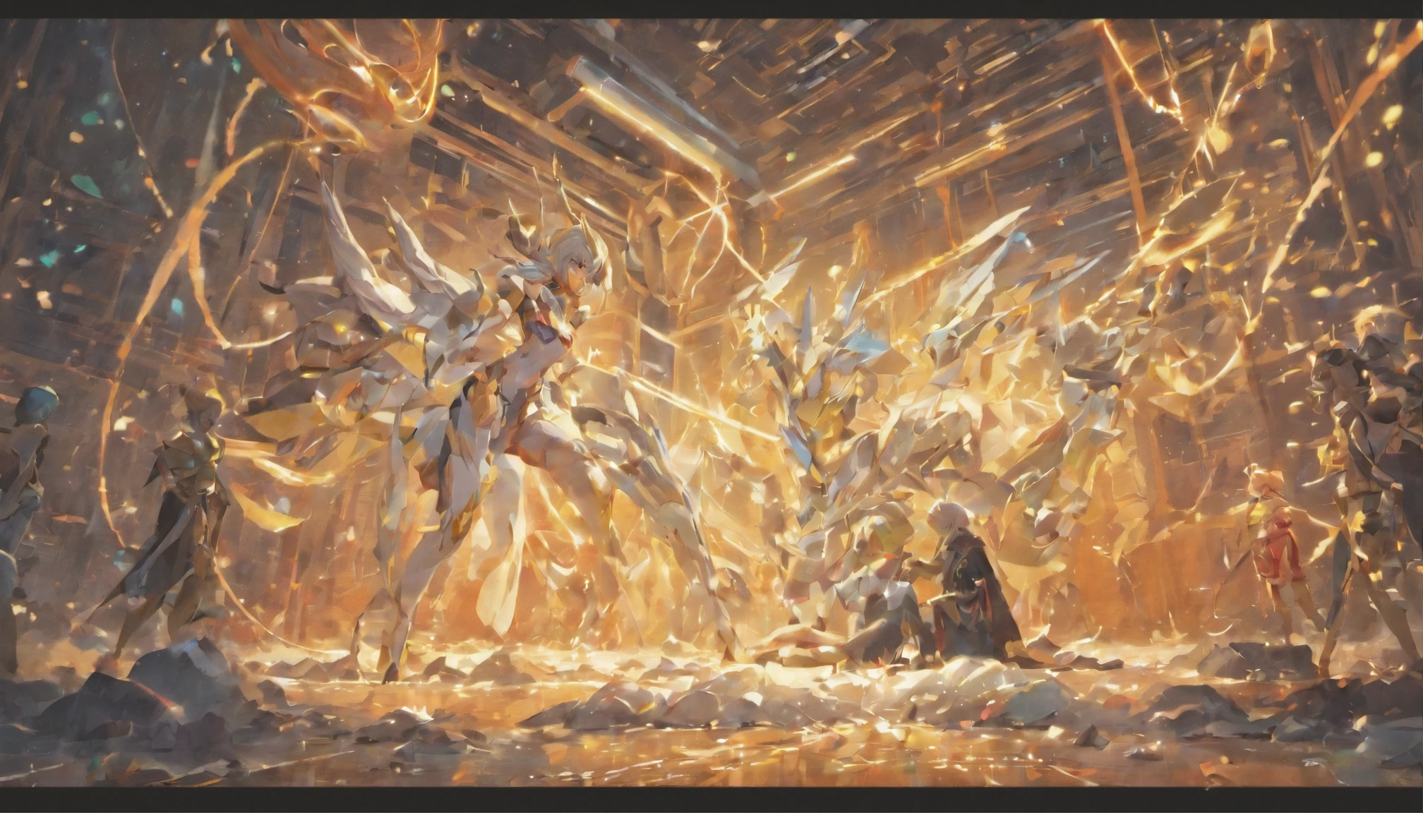 Masterpiece，Two humanoid sculptures, one sitting+One lying down，indoor，Two-dimensional space，planar，With contrast，Side-glowing ones，natta。