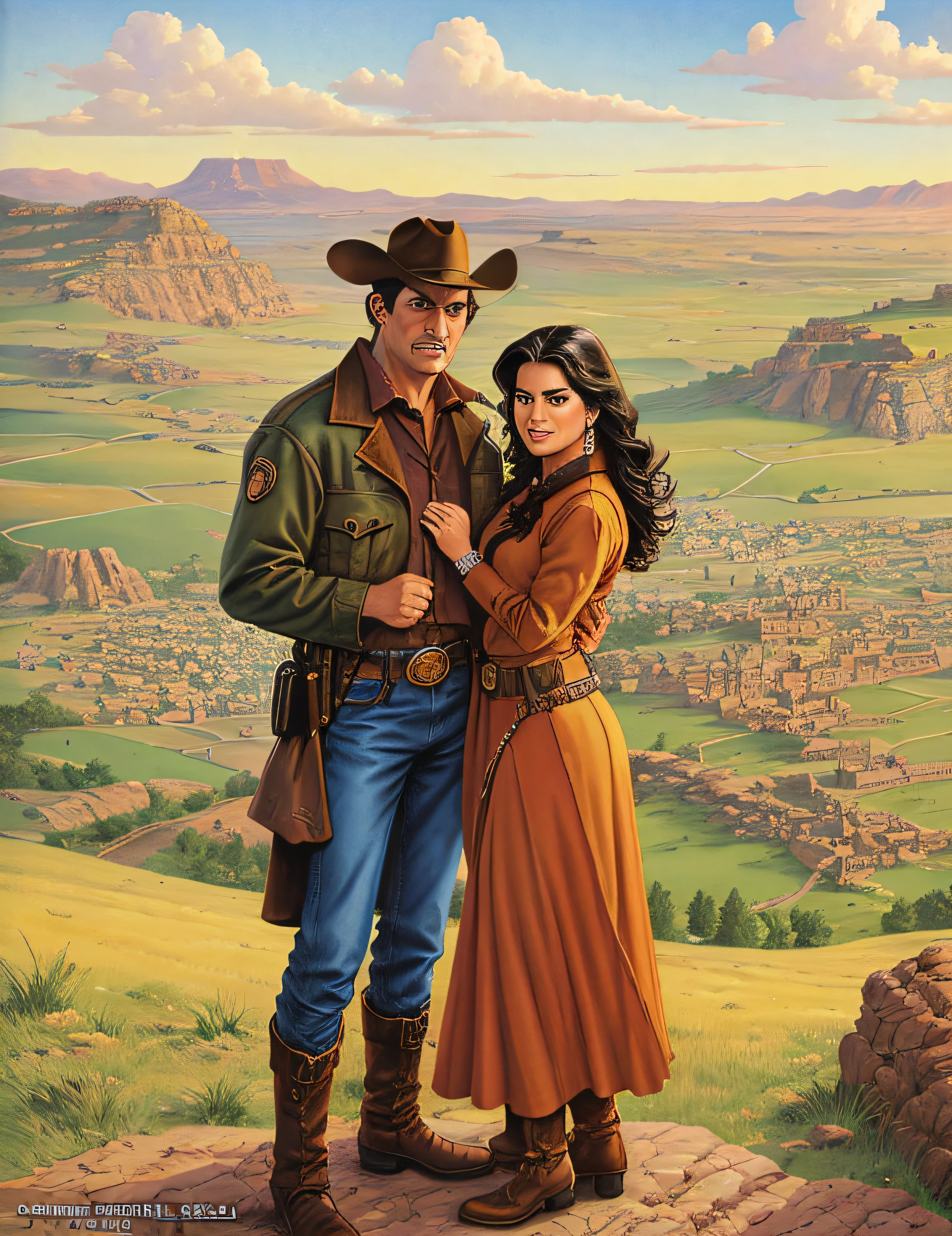 a cartoon of a man and woman standing on a rock overlooking a town, romance novel cover, western comic book art, western comic art, darrell k sweet, western comic book style, full color illustration, inspired western comic, inspired by Mort Artists, ( art fitzpatrick ), by Penry Williams, by Randy Gallegos, western comic style, published art