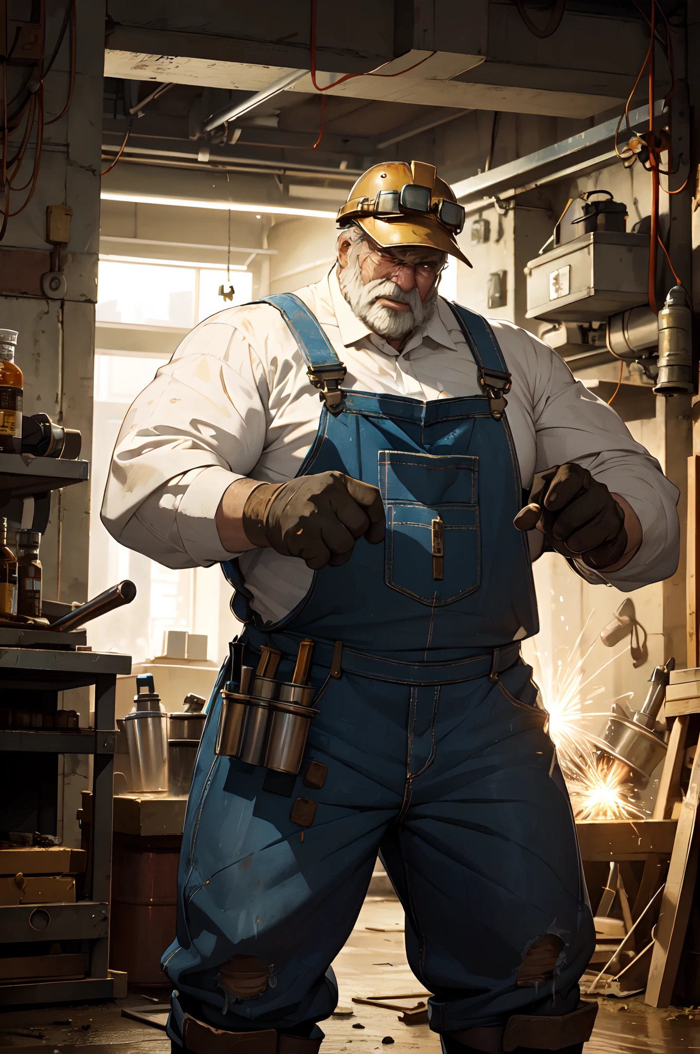 muscular old man, mechanical worker, detailed face, strong arms and hands, oil-covered overalls, worn-out tools, greasy machinery, heavy-duty equipment, diligent expression, hard hat, tool belt, imposing stance, industrial setting, dimly lit workshop, sparks flying, intense focus, rough and calloused hands, muscular physique, sweat dripping, dirty and smudged face, aged with wisdom, worn-out boots, confident demeanor, experienced craftsman, powerful presence, worn-out work gloves, dedication to craftsmanship, vintage machinery, oil stains, precision and accuracy, vintage goggles, welding sparks, high-res details, rustic charm, sturdy and robust, atmospheric lighting, bronze tones, masculine energy.