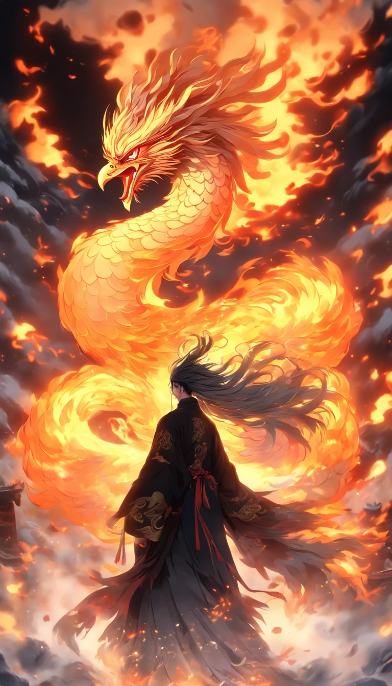China-style,中景 the scene is,The Taoist priest stood in front of the huge fire-winged phoenix,Stretch your hands,Long messy hair,Glow effects,Hyper-realistic,Ultra photo realsisim,Chinese black and white ink style,Silver,Decolorization,Smudge,ink,8K,super-fine,high qulity,OC renderer