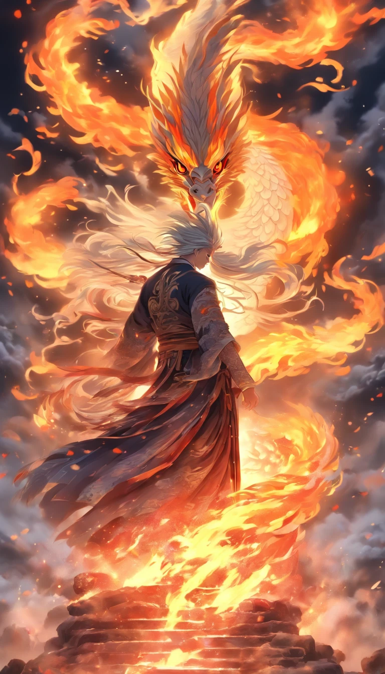 China-style,中景 the scene is,The Taoist priest stood in front of the huge fire-winged phoenix,Stretch your hands,Long messy hair,Glow effects,Hyper-realistic,Ultra photo realsisim,Chinese black and white ink style,Silver,Decolorization,Smudge,ink,8K,super-fine,high qulity,OC renderer